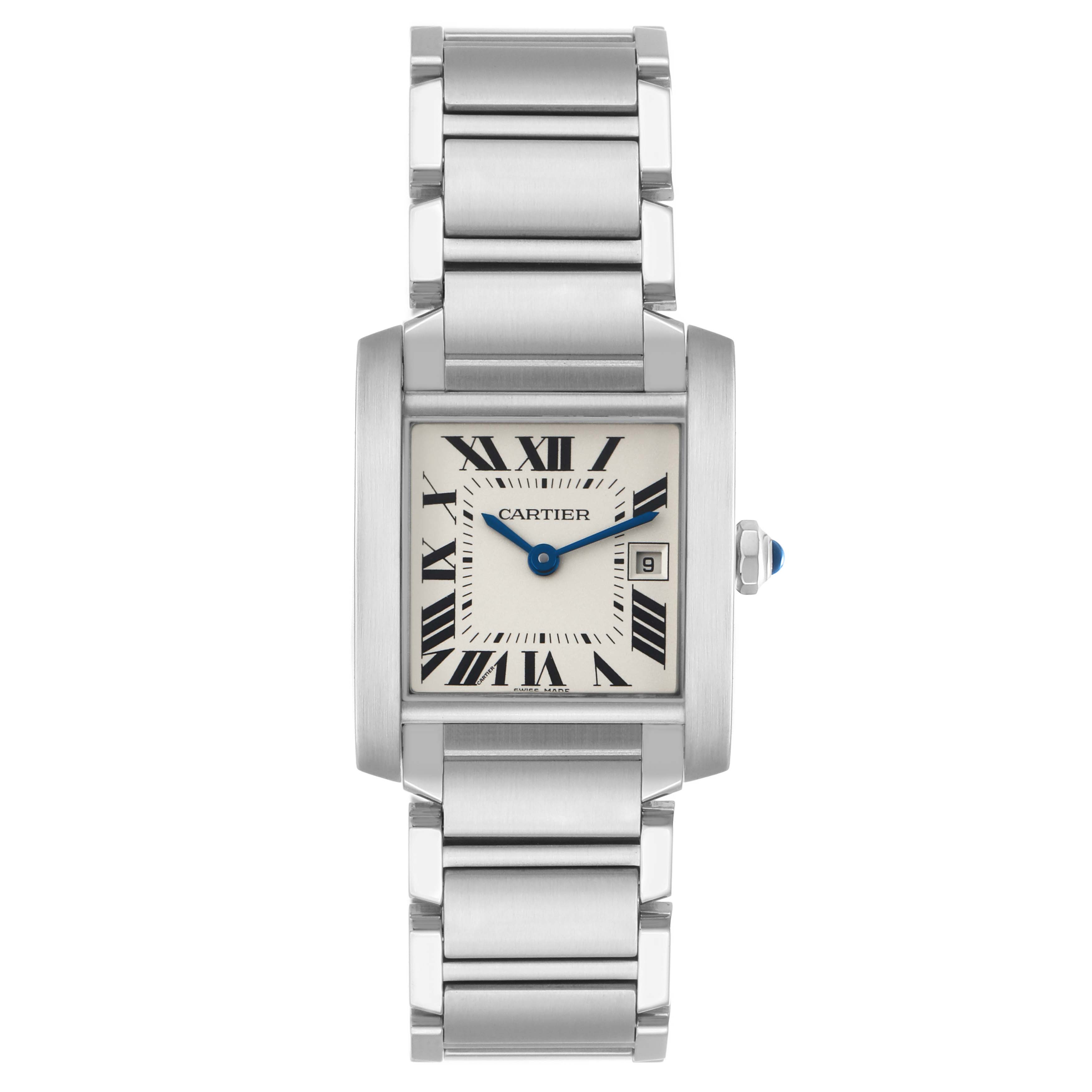 The Cartier Tank Francaise W51011Q3 Women's Stainless Steel Silver Dial watch is shown from a front angle, displaying its silver bracelet, rectangular case, and blue hands.