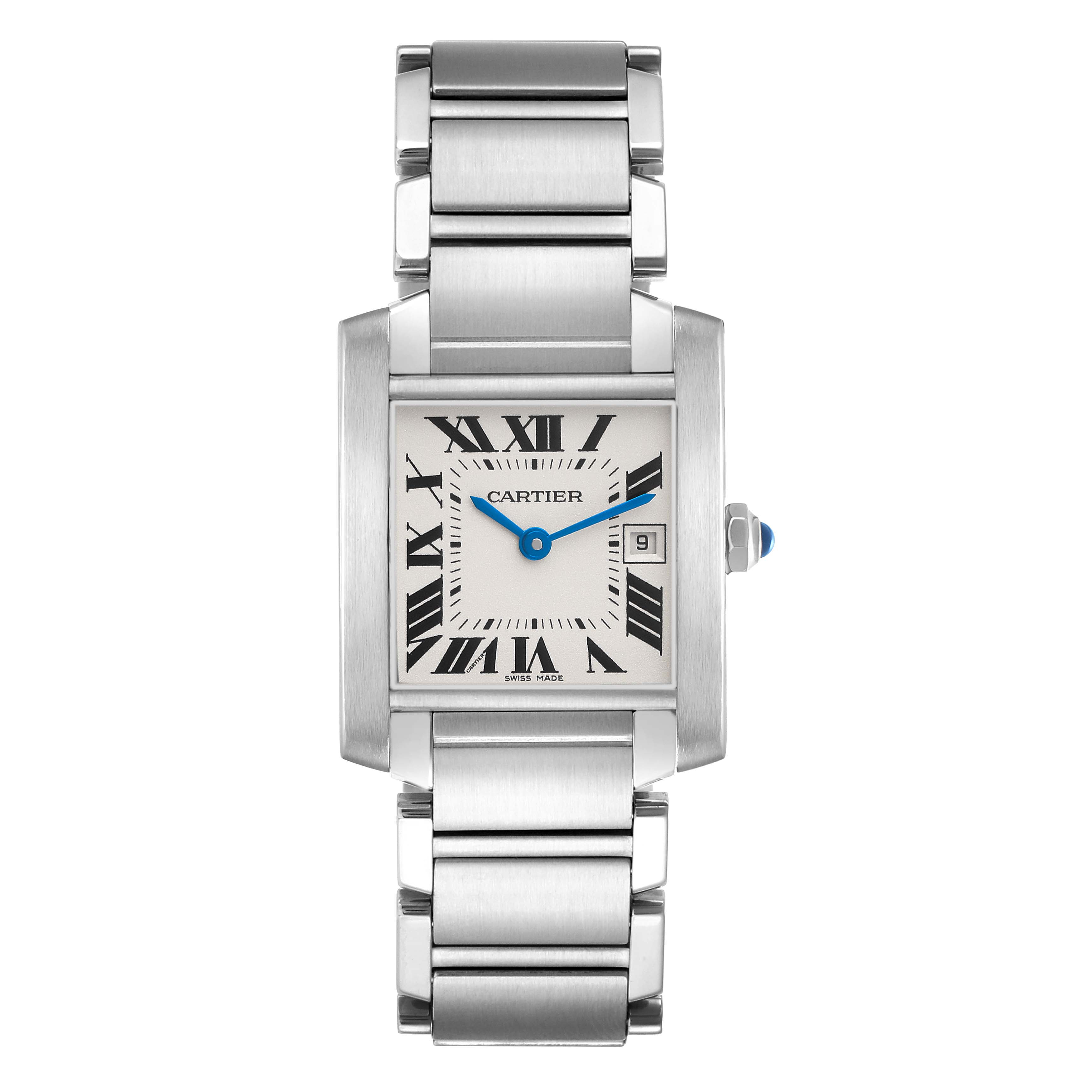 The Cartier Tank Française watch is shown from the front, highlighting its rectangular face, Roman numerals, and metal bracelet.