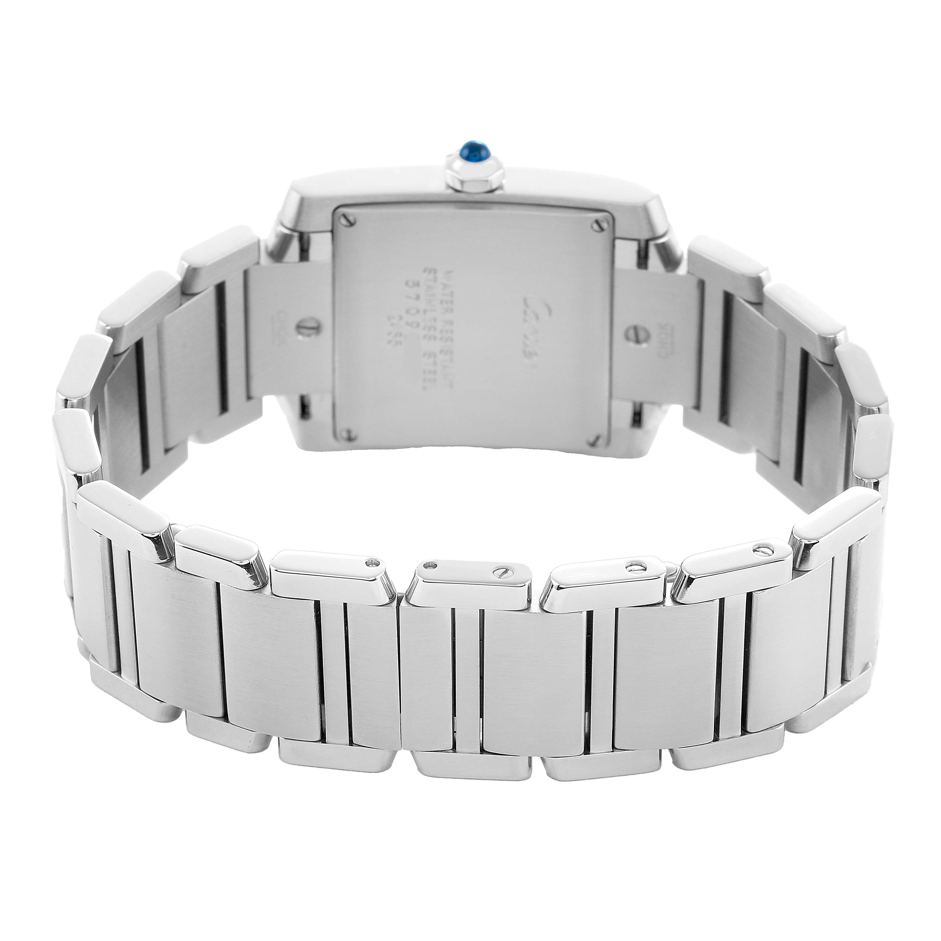 The image shows the back view of a Cartier Tank Francaise W51011Q3 Women's Stainless Steel Silver Dial watch, highlighting the stainless steel bracelet and case back.