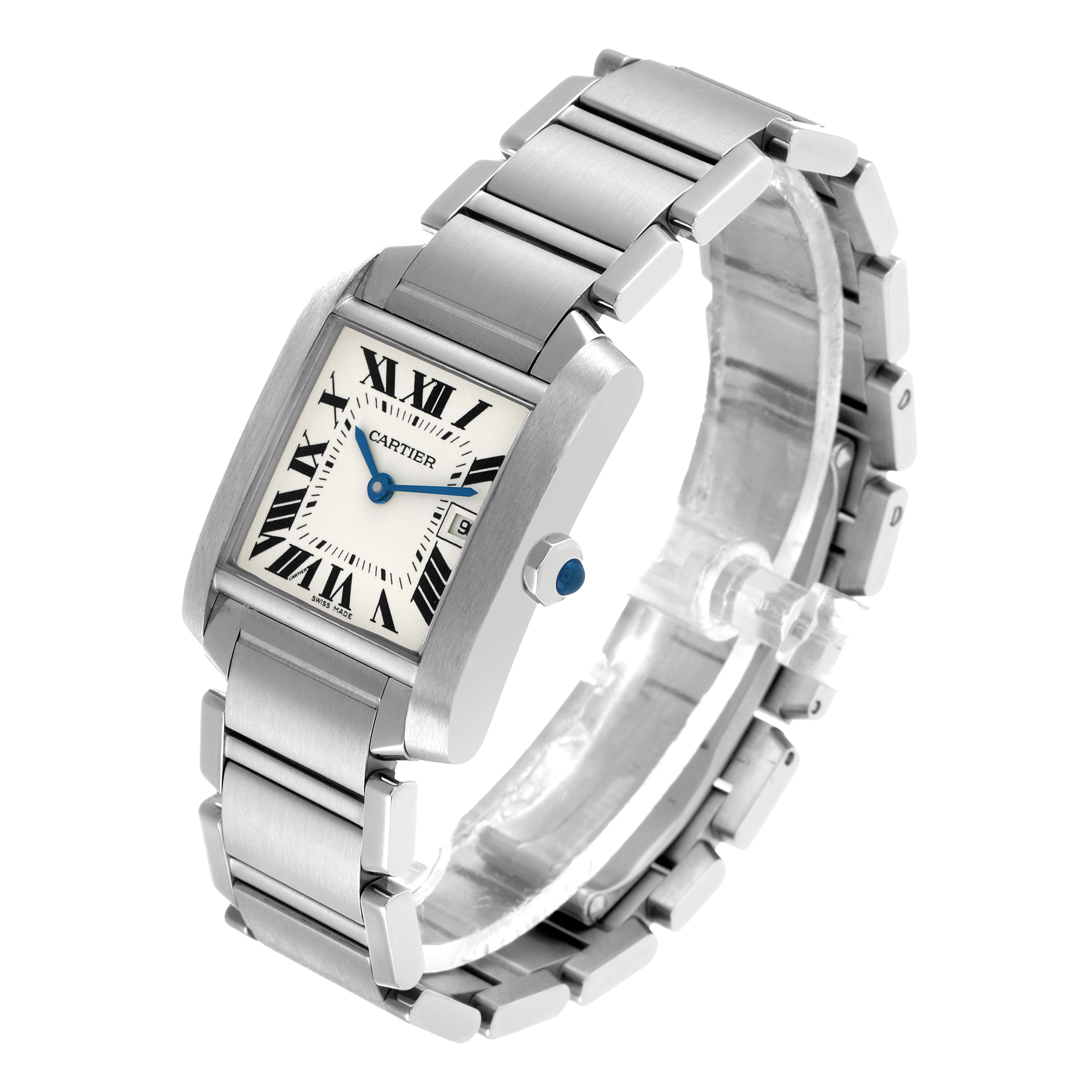 The Cartier Tank Française watch is shown from a three-quarter angle, highlighting the face, bracelet, and crown.