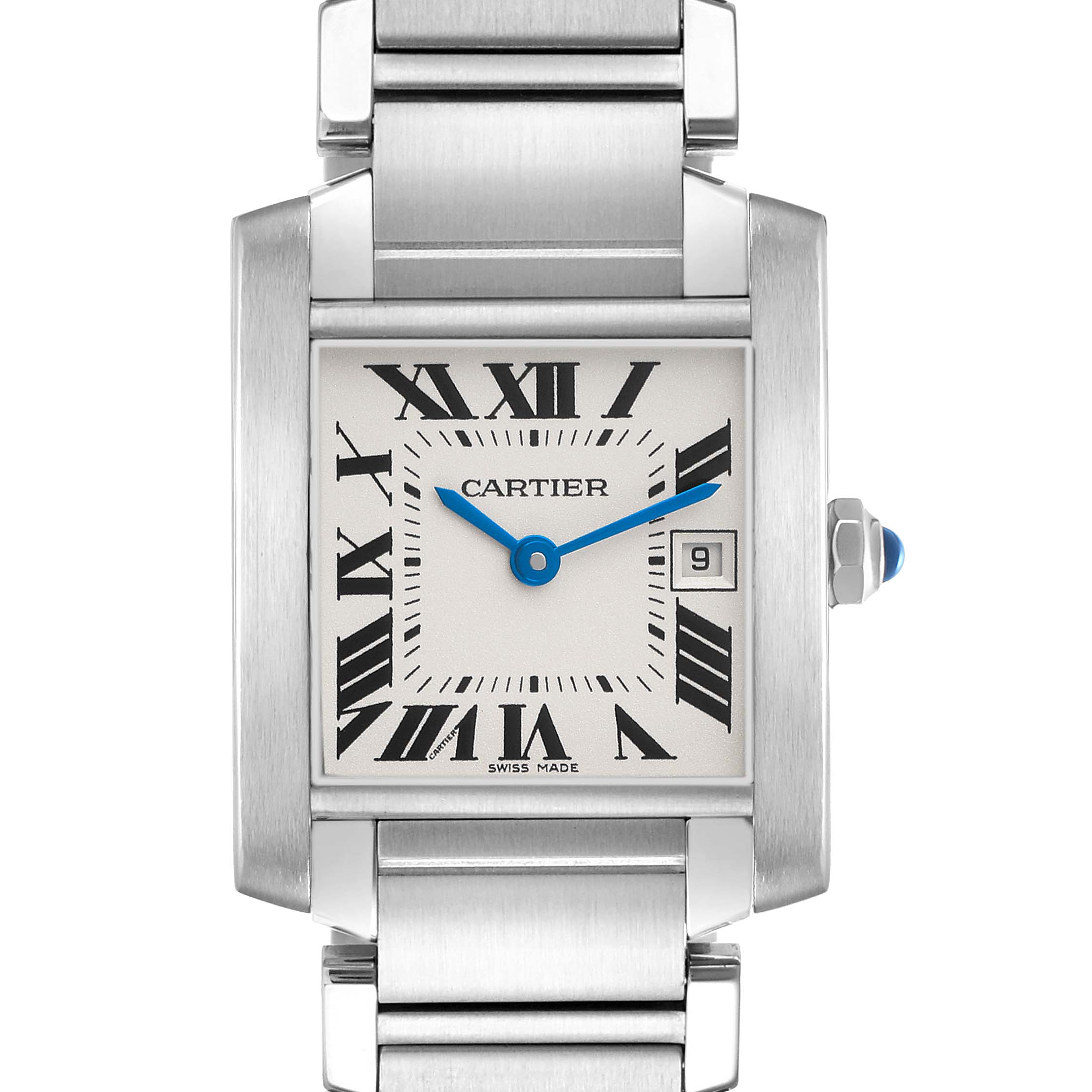 The image shows a frontal view of the Cartier Tank Francaise W51011Q3 Women's Stainless Steel Silver Dial watch, displaying the face, bezel, crown, and part of the bracelet.
