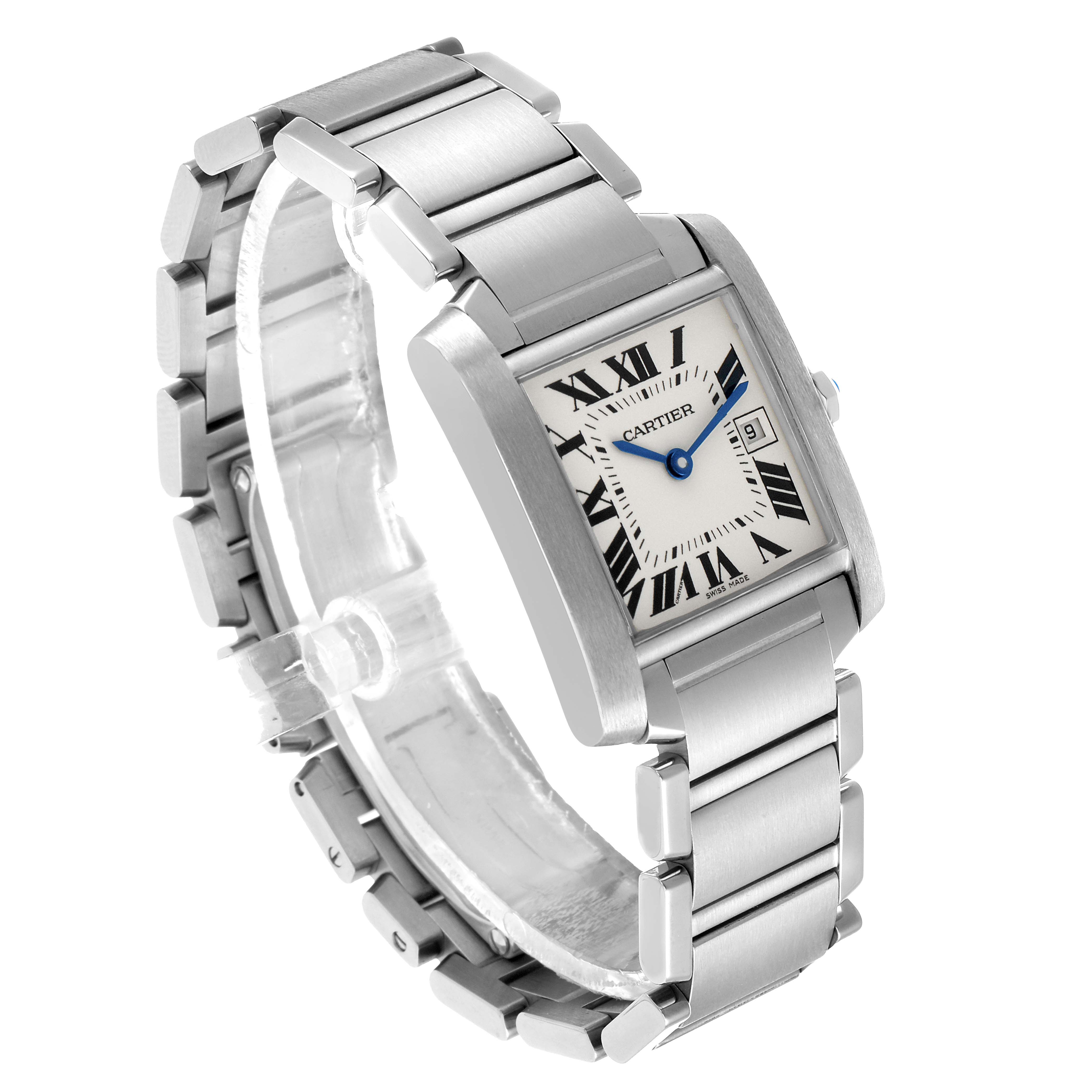 The Cartier Tank Francaise W51011Q3 Women's Stainless Steel Silver Dial watch is shown at a slight angle, displaying the face, case, and part of the metal bracelet.