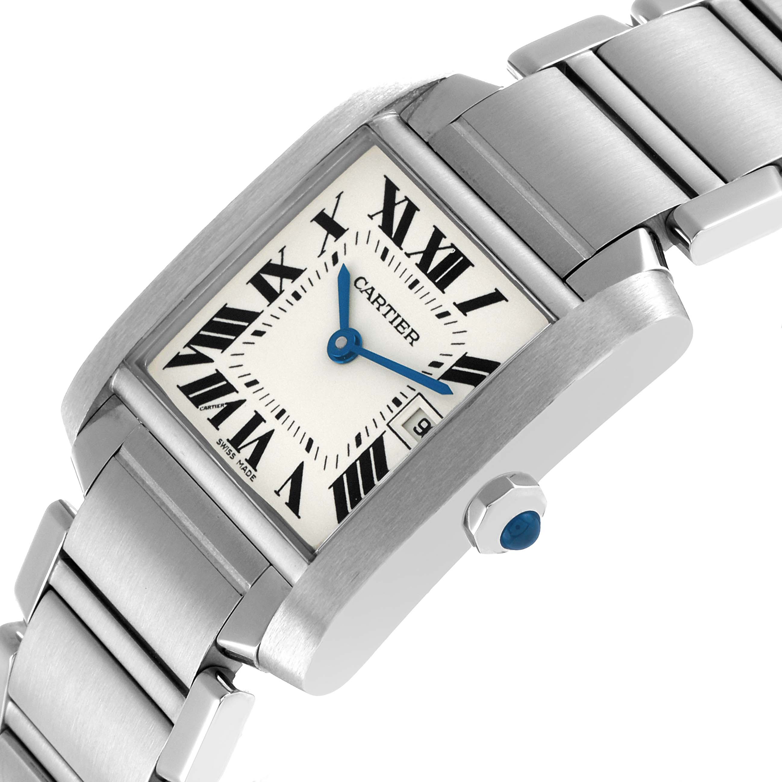 The Cartier Tank Française watch is shown at a slight angle, highlighting the case, crown, dial, and bracelet.
