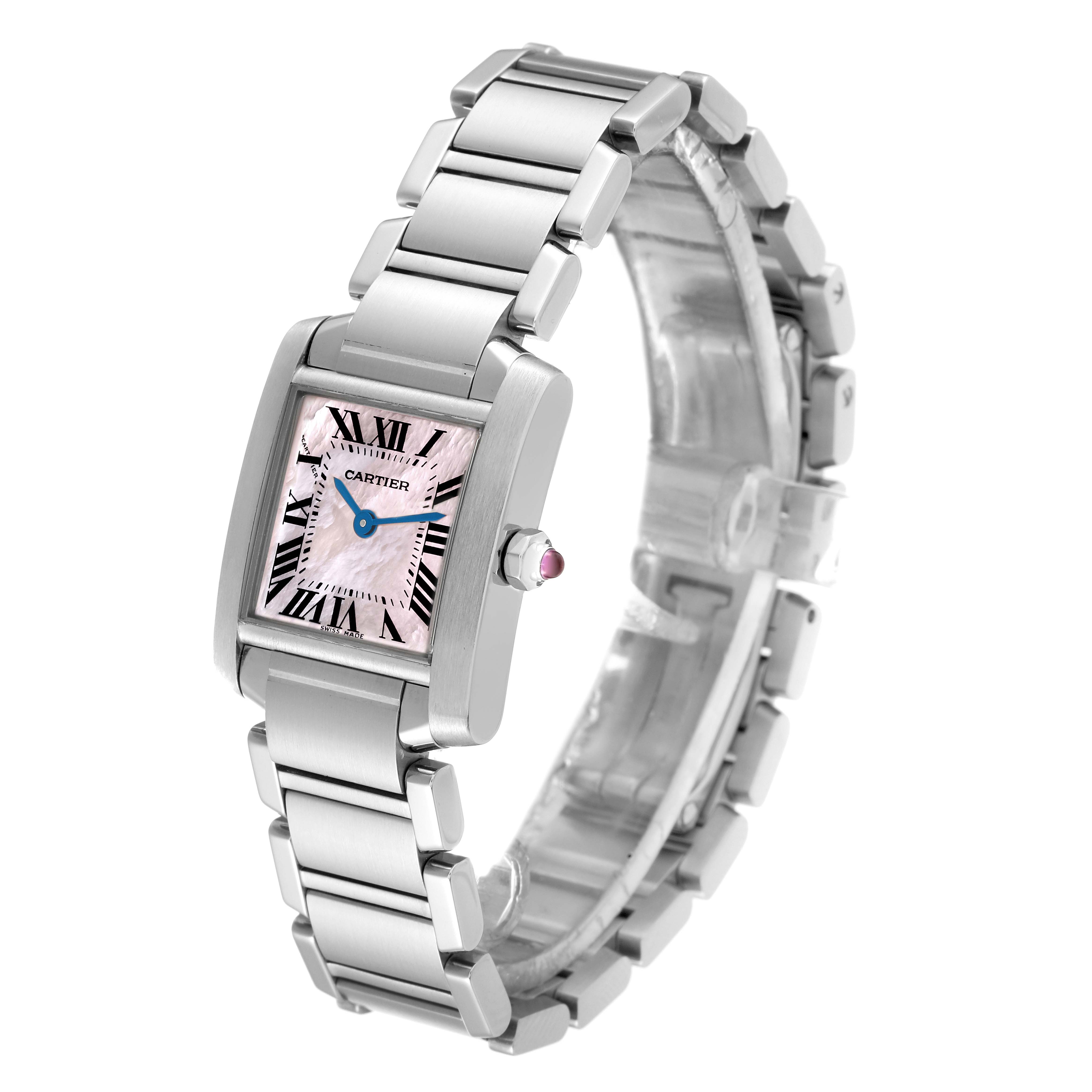 The image shows a three-quarter view of a Cartier Tank Francaise W51028Q3 Women's Stainless Steel Mother of Pearl Dial W51028Q3 Women's Stainless Steel Mother of Pearl Dial watch, displaying its pink dial, bracelet, and crown.