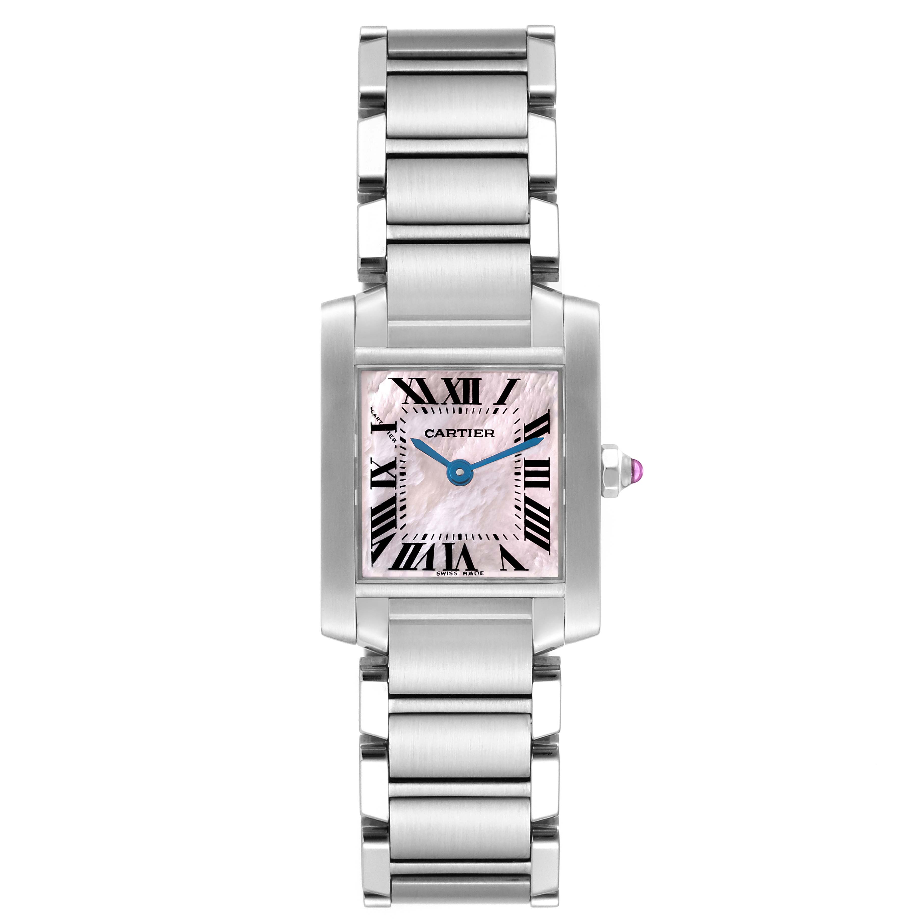 The image shows a Cartier Tank Francaise W51028Q3 Women's Stainless Steel Mother of Pearl Dial W51028Q3 Women's Stainless Steel Mother of Pearl Dial watch from the front, displaying its rectangular dial, Roman numerals, and metal bracelet.
