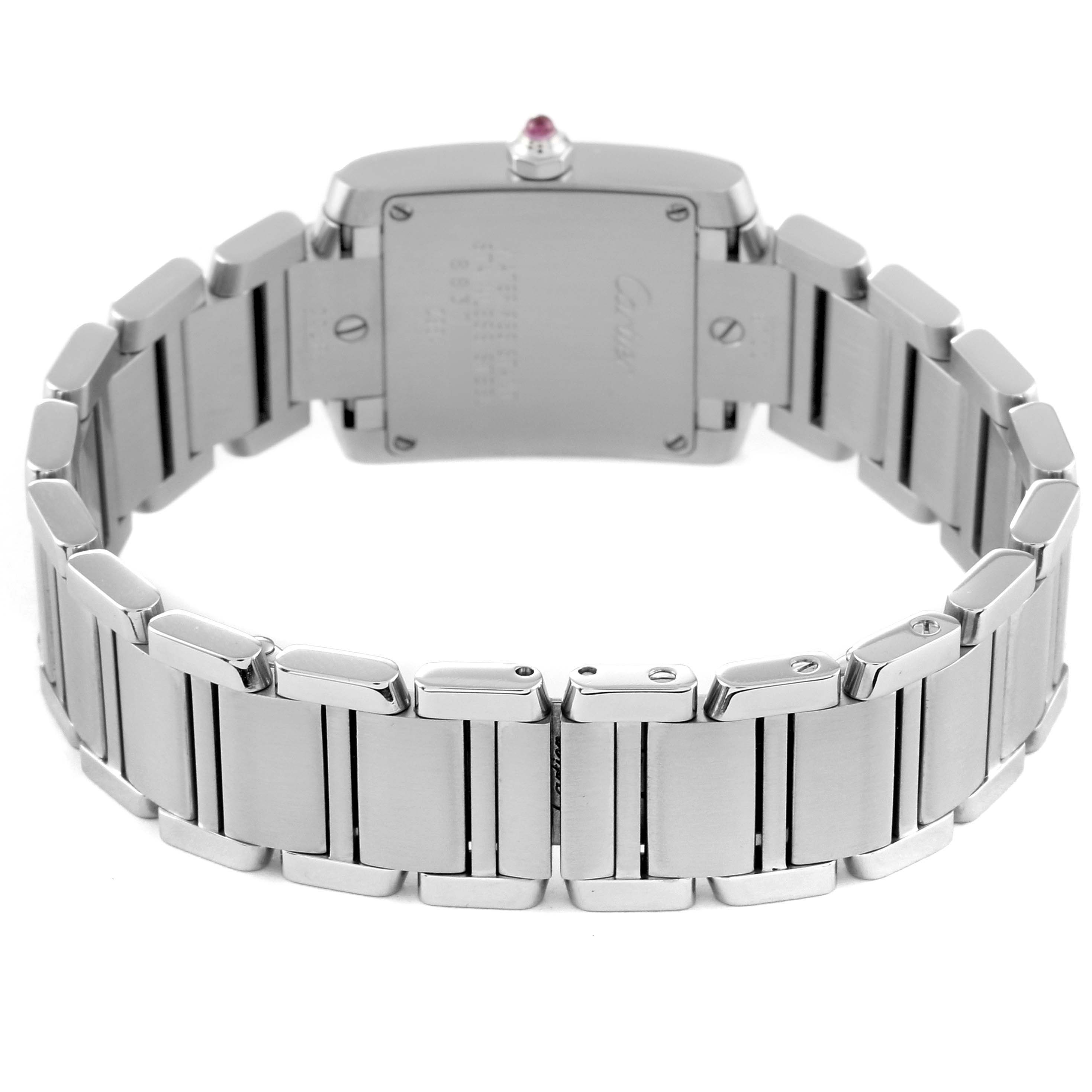 This image shows the back and bracelet of the Cartier Tank Francaise W51028Q3 Women's Stainless Steel Mother of Pearl Dial W51028Q3 Women's Stainless Steel Mother of Pearl Dial watch.