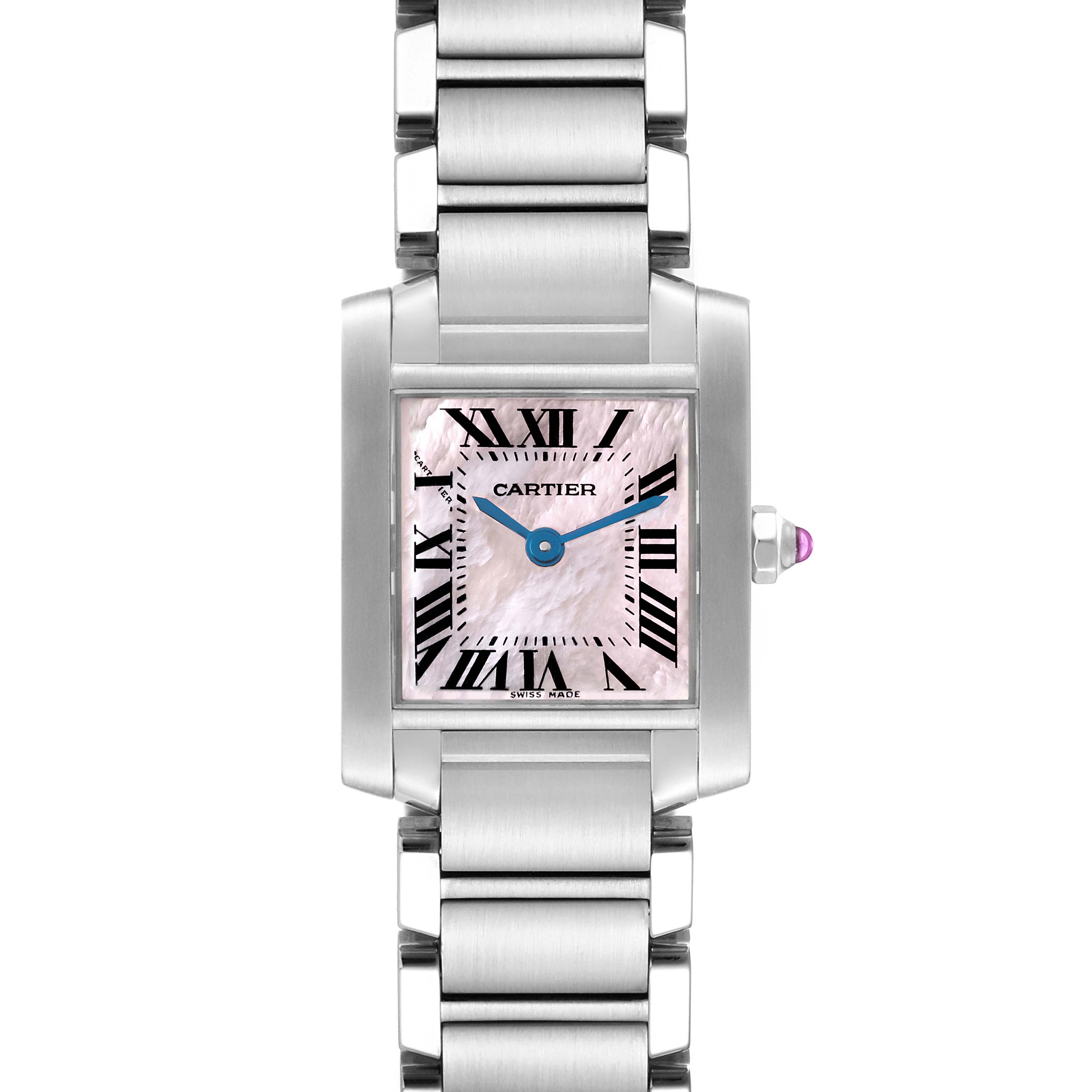 This image shows a frontal view of the Cartier Tank Francaise W51028Q3 Women's Stainless Steel Mother of Pearl Dial W51028Q3 Women's Stainless Steel Mother of Pearl Dial watch, highlighting its pink dial with Roman numerals and metal bracelet.
