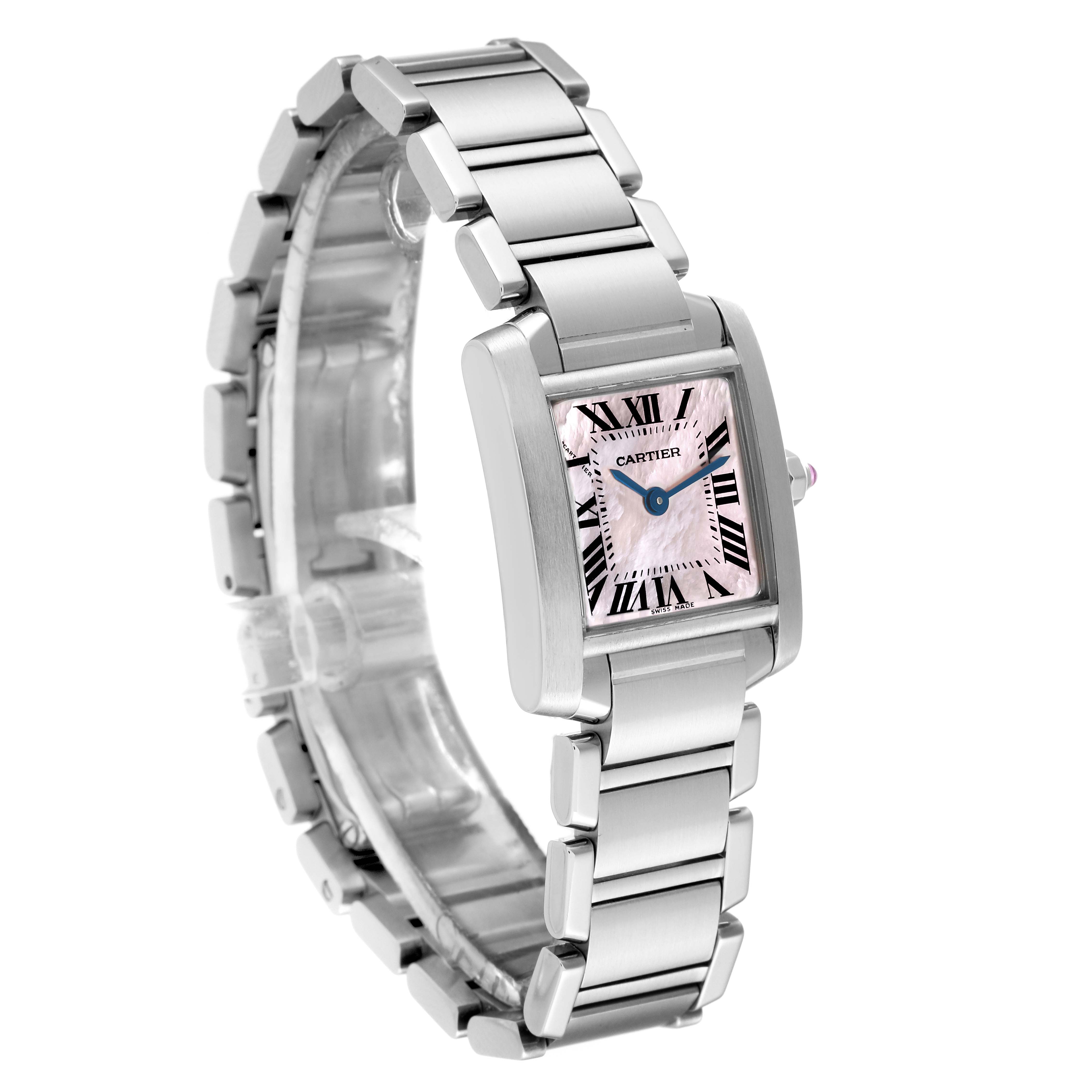 This image shows a Cartier Tank Francaise W51028Q3 Women's Stainless Steel Mother of Pearl Dial W51028Q3 Women's Stainless Steel Mother of Pearl Dial watch at a three-quarter angle, highlighting its bracelet, case, and dial.