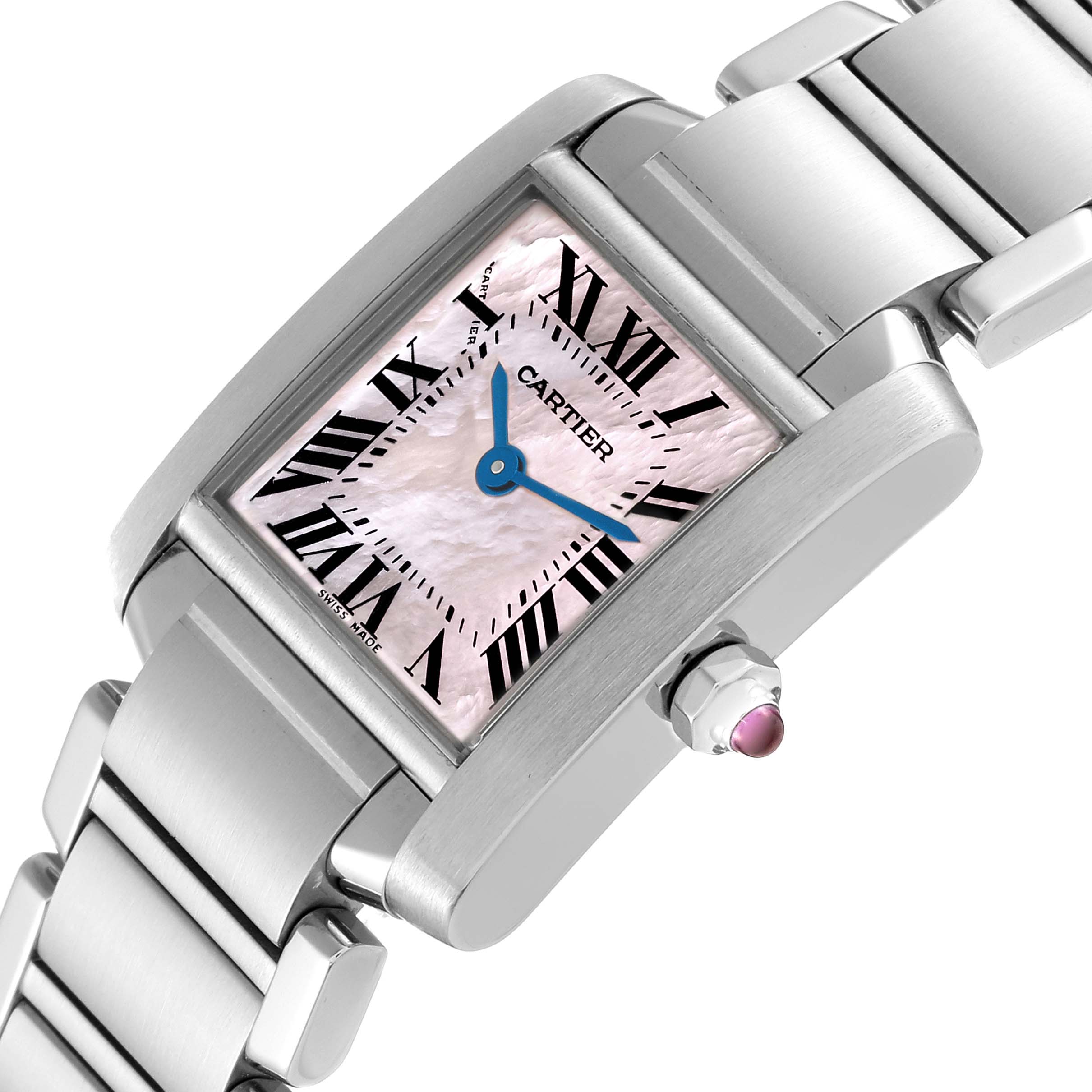 The image shows a Cartier Tank Francaise W51028Q3 Women's Stainless Steel Mother of Pearl Dial W51028Q3 Women's Stainless Steel Mother of Pearl Dial watch from a tilted angle, highlighting the dial, crown, and part of the bracelet.