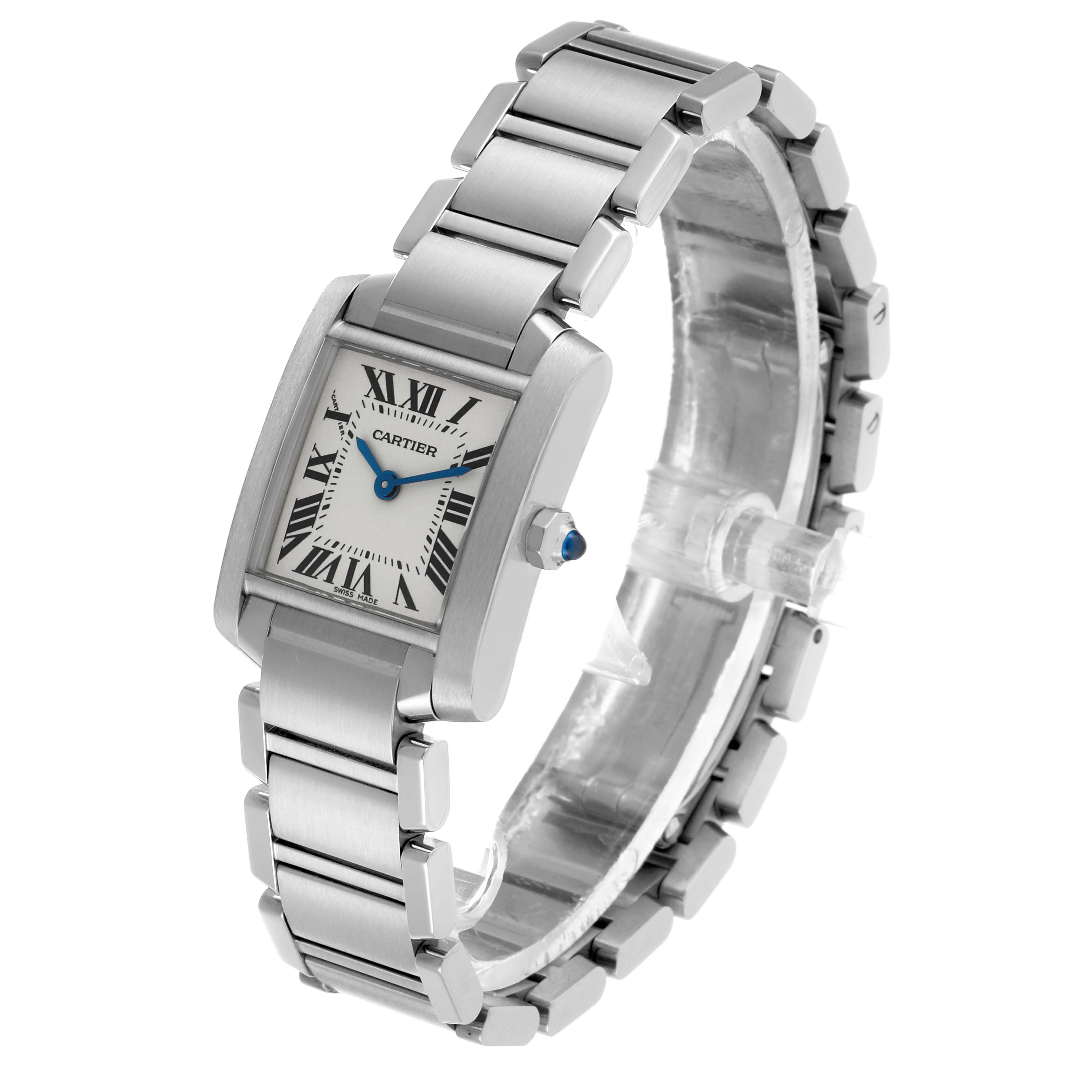 The Cartier Tank Francaise W51008Q3 Women's Stainless Steel Silver Dial watch is shown at a three-quarter angle, highlighting its face, bracelet, and crown.