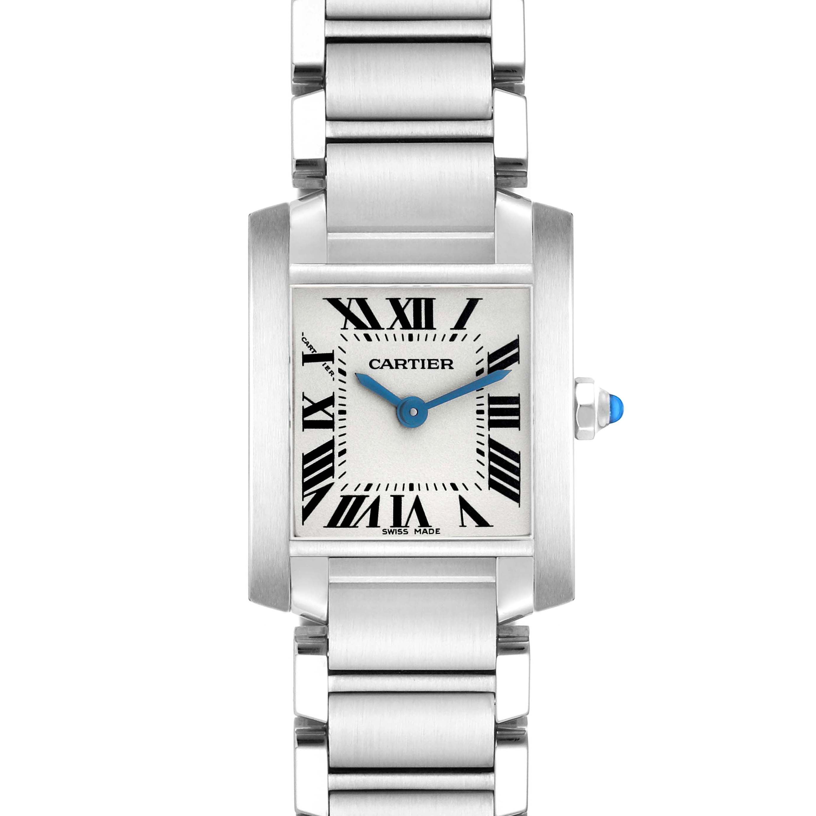 The Cartier Tank Française watch is shown from the front, displaying its rectangular face, Roman numerals, and bracelet.