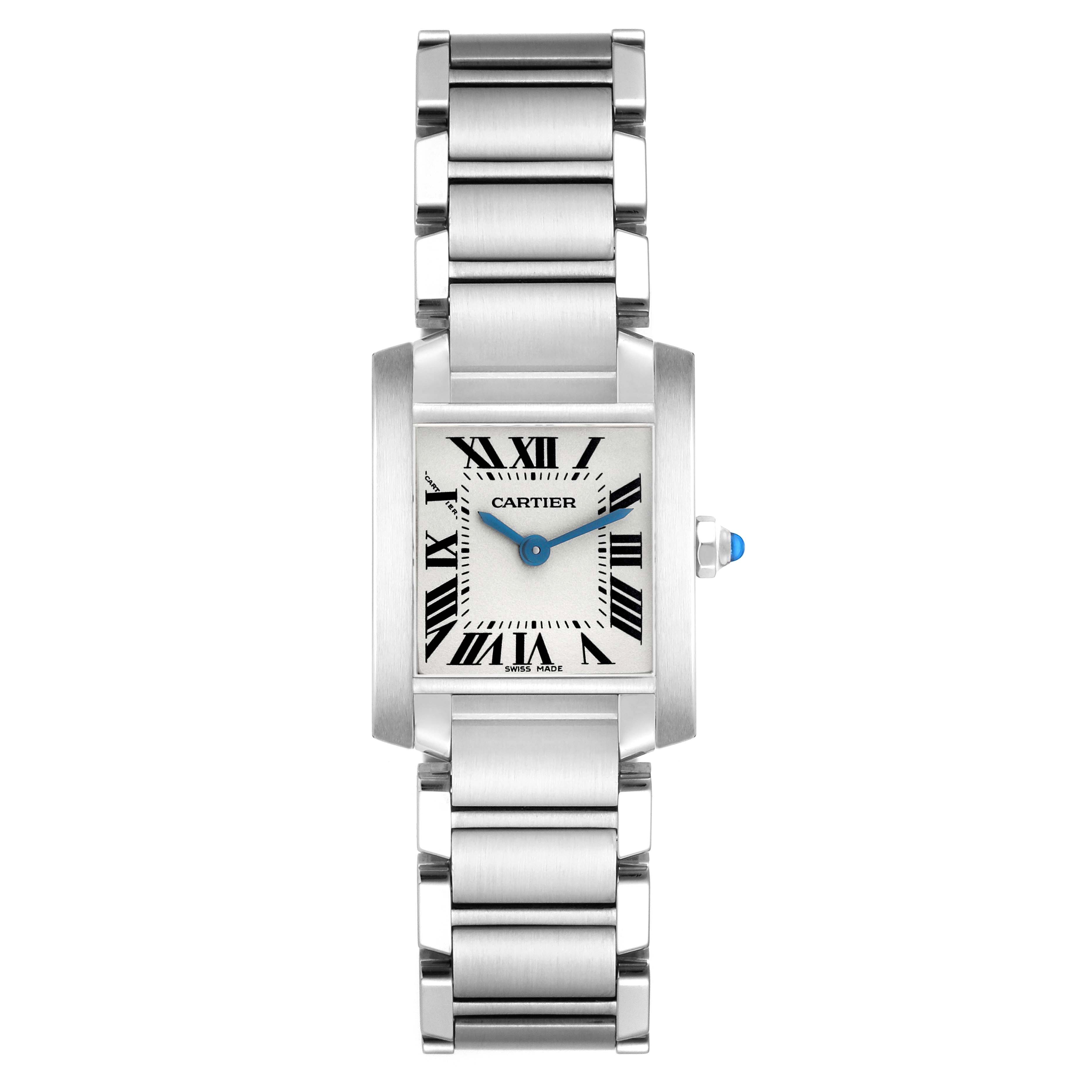 The image shows a frontal view of the Cartier Tank Française watch, highlighting its silver bracelet, face, and blue hands.