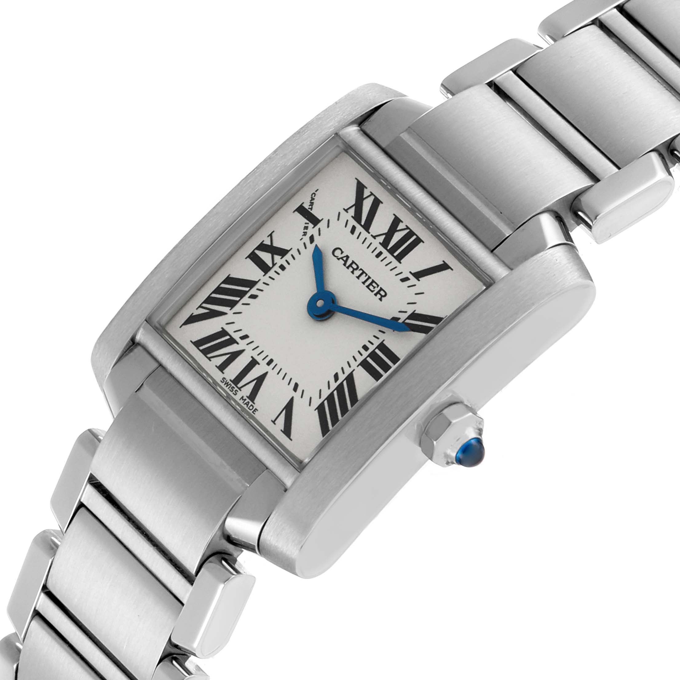 The Cartier Tank Française watch is shown at an oblique angle, highlighting its face, crown, and bracelet links.