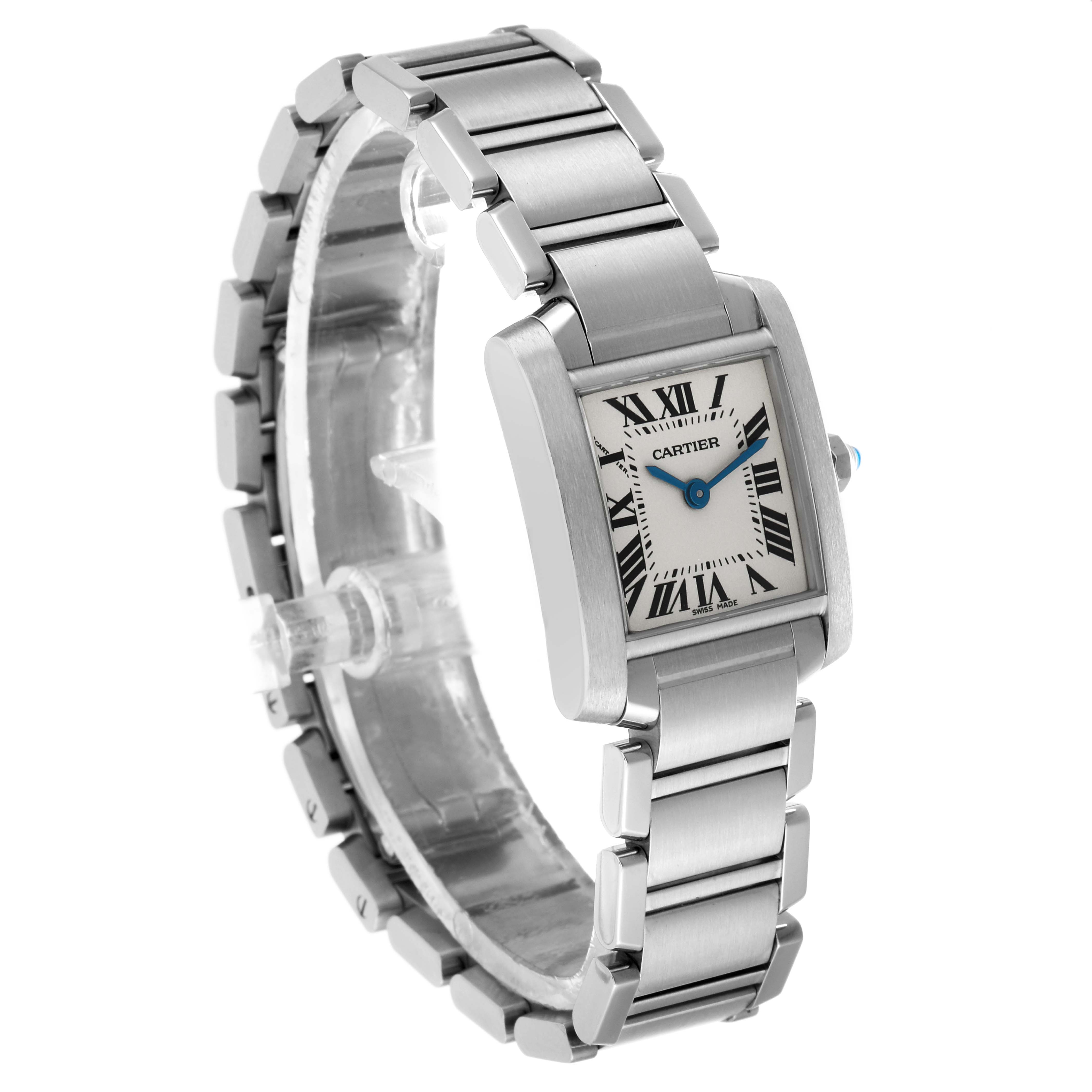 The Cartier Tank Française watch is shown at an angled side view, highlighting the rectangular face, Roman numerals, and metal bracelet.