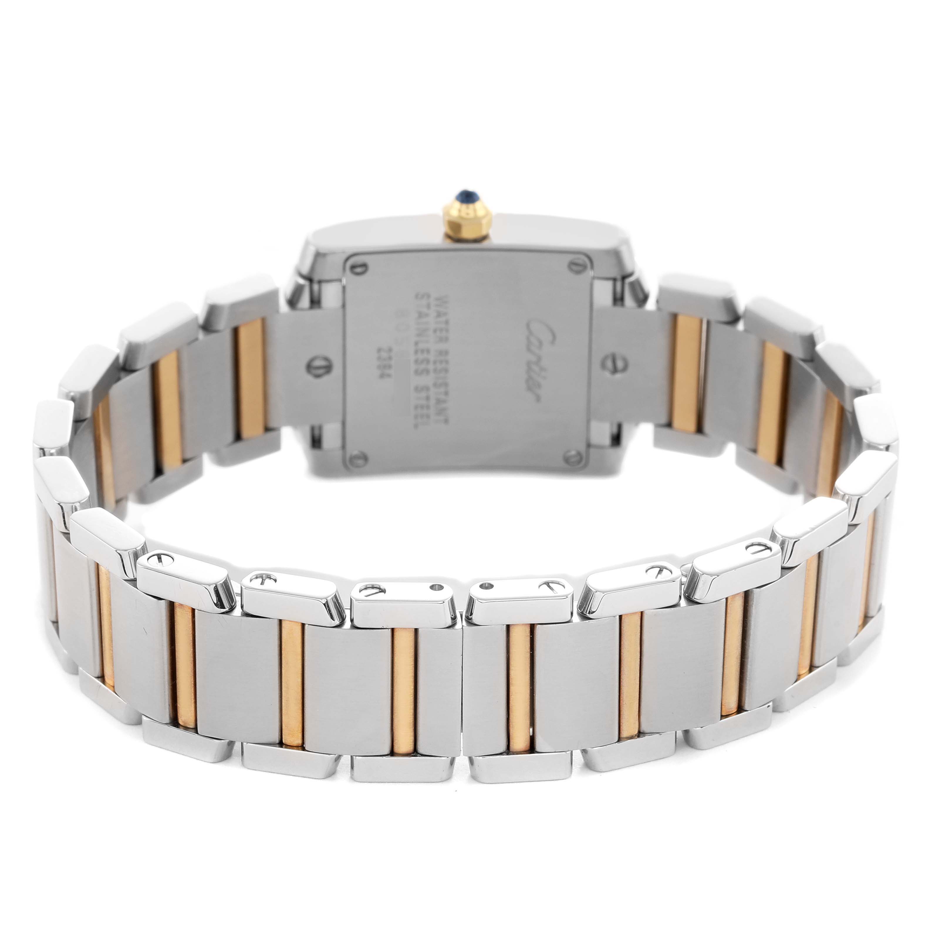 The Cartier Tank Francaise W51007Q4 Women's Steel and Gold (two tone) Silver Dial watch is shown from the back, highlighting the case and two-tone bracelet.