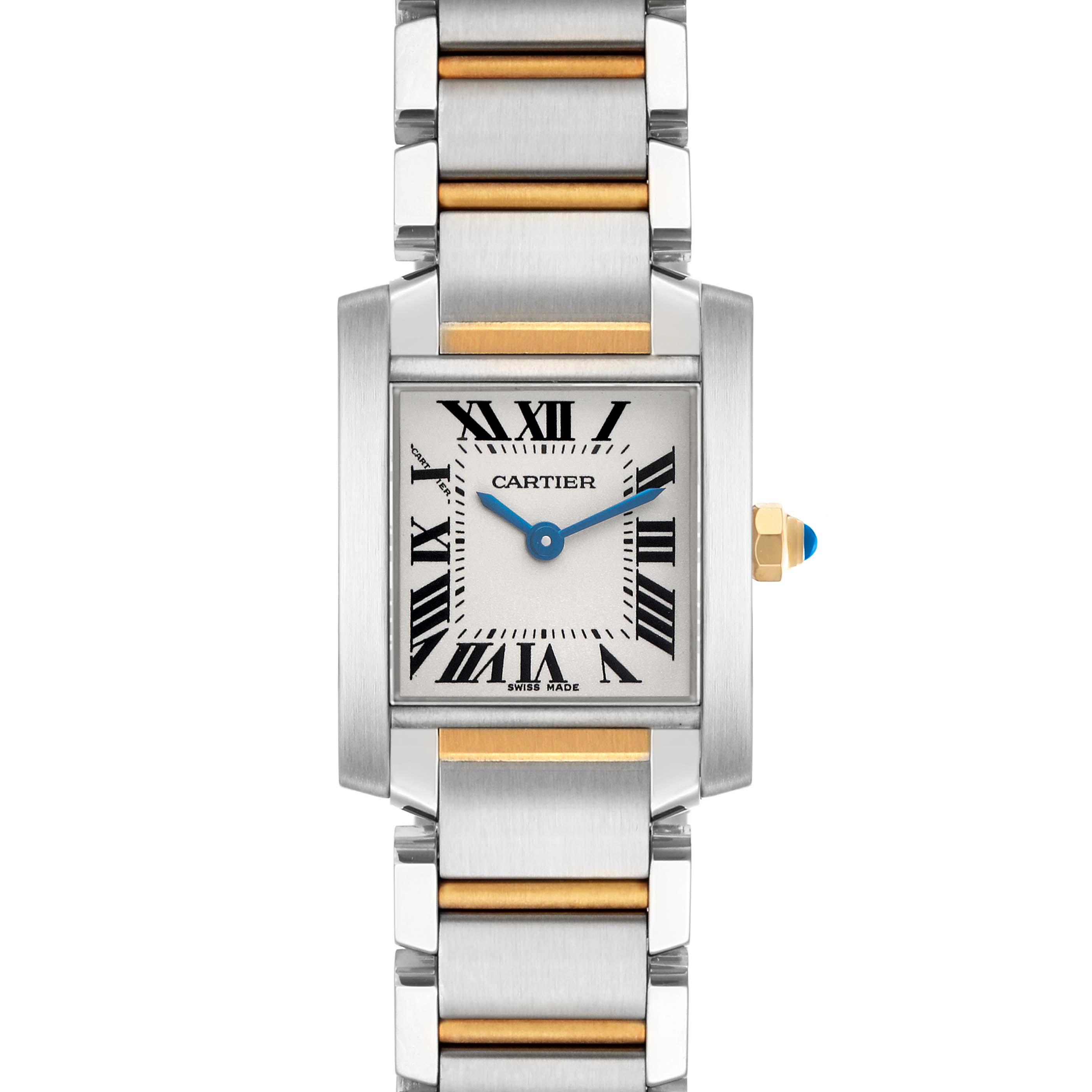 The Cartier Tank Francaise W51007Q4 Women's Steel and Gold (two tone) Silver Dial watch is shown from a front angle, highlighting its rectangular face, Roman numerals, and two-tone bracelet.