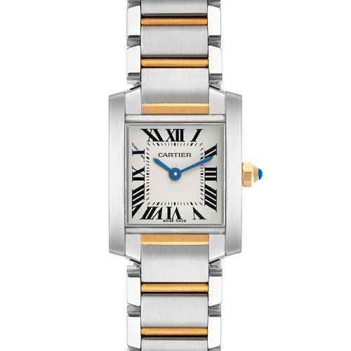 The Cartier Tank Française watch is shown from a front angle, displaying the rectangular case, bracelet, and crown with a blue cabochon.