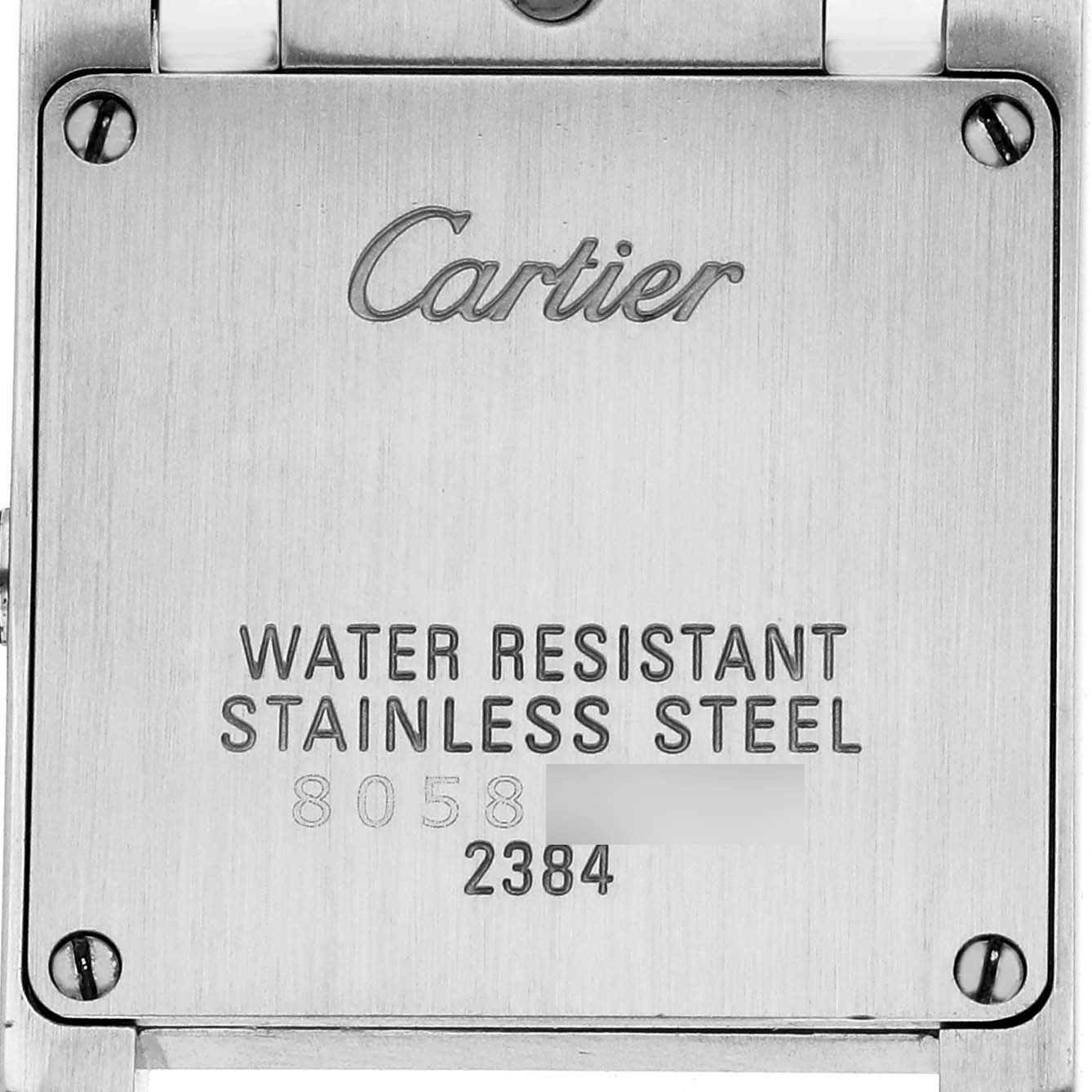 The image shows the back of the Cartier Tank Française watch, highlighting the stainless steel and water resistance details.