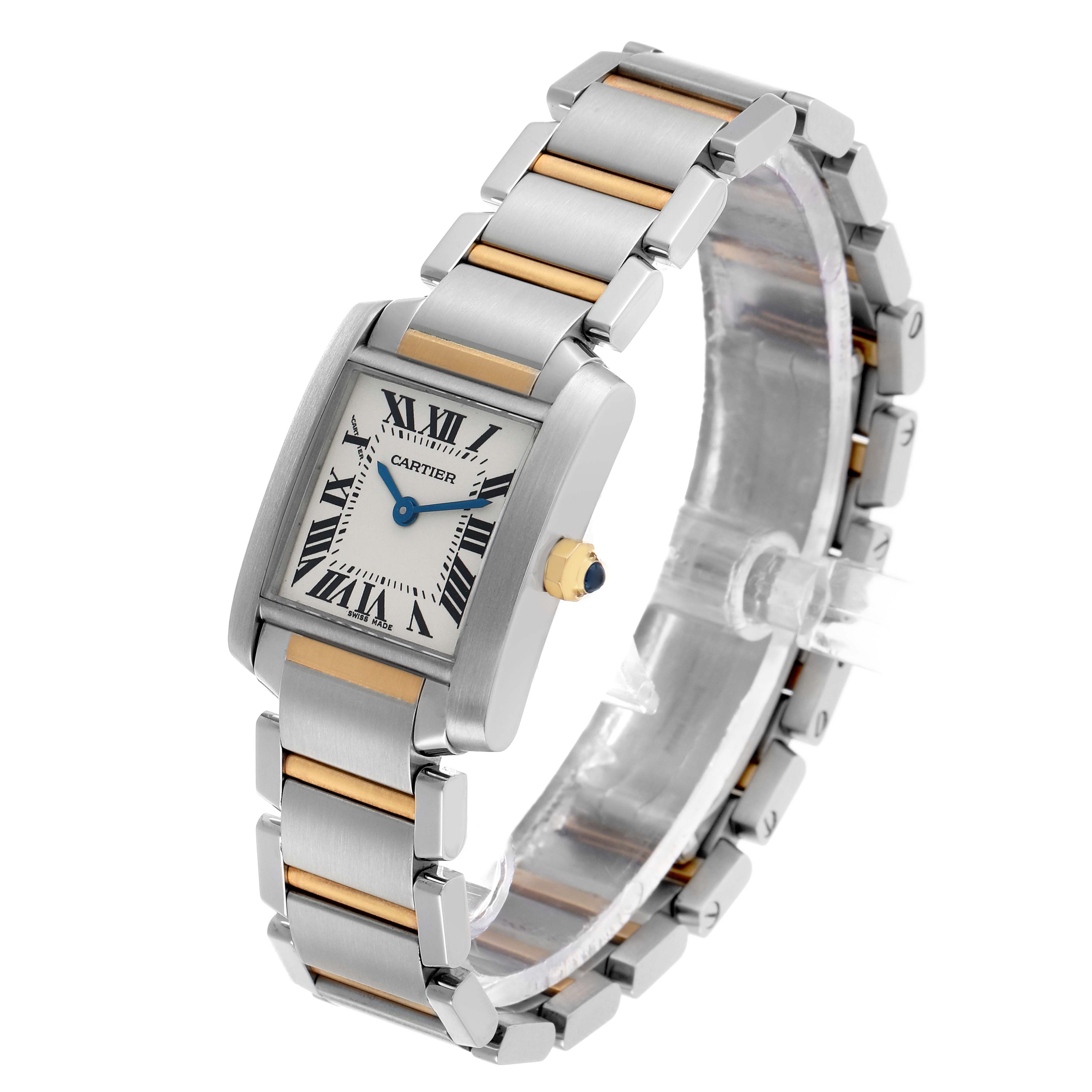 The Cartier Tank Française watch is shown at a three-quarter angle, displaying the face, bezel, crown, and part of the bracelet.