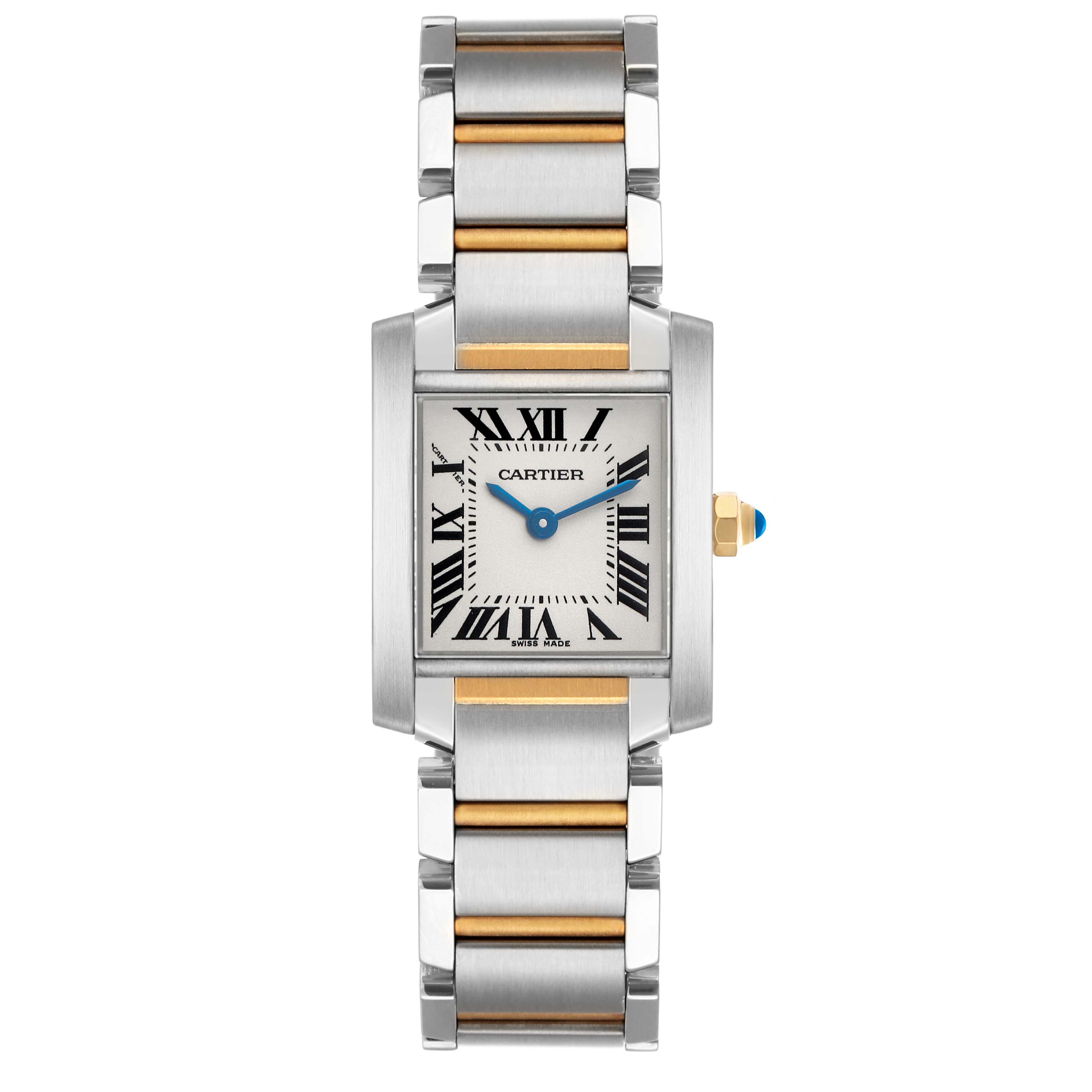 The Cartier Tank Francaise W51007Q4 Women's Steel and Gold (two tone) Silver Dial watch is shown from a front angle, highlighting its rectangular face, Roman numerals, and two-tone bracelet.