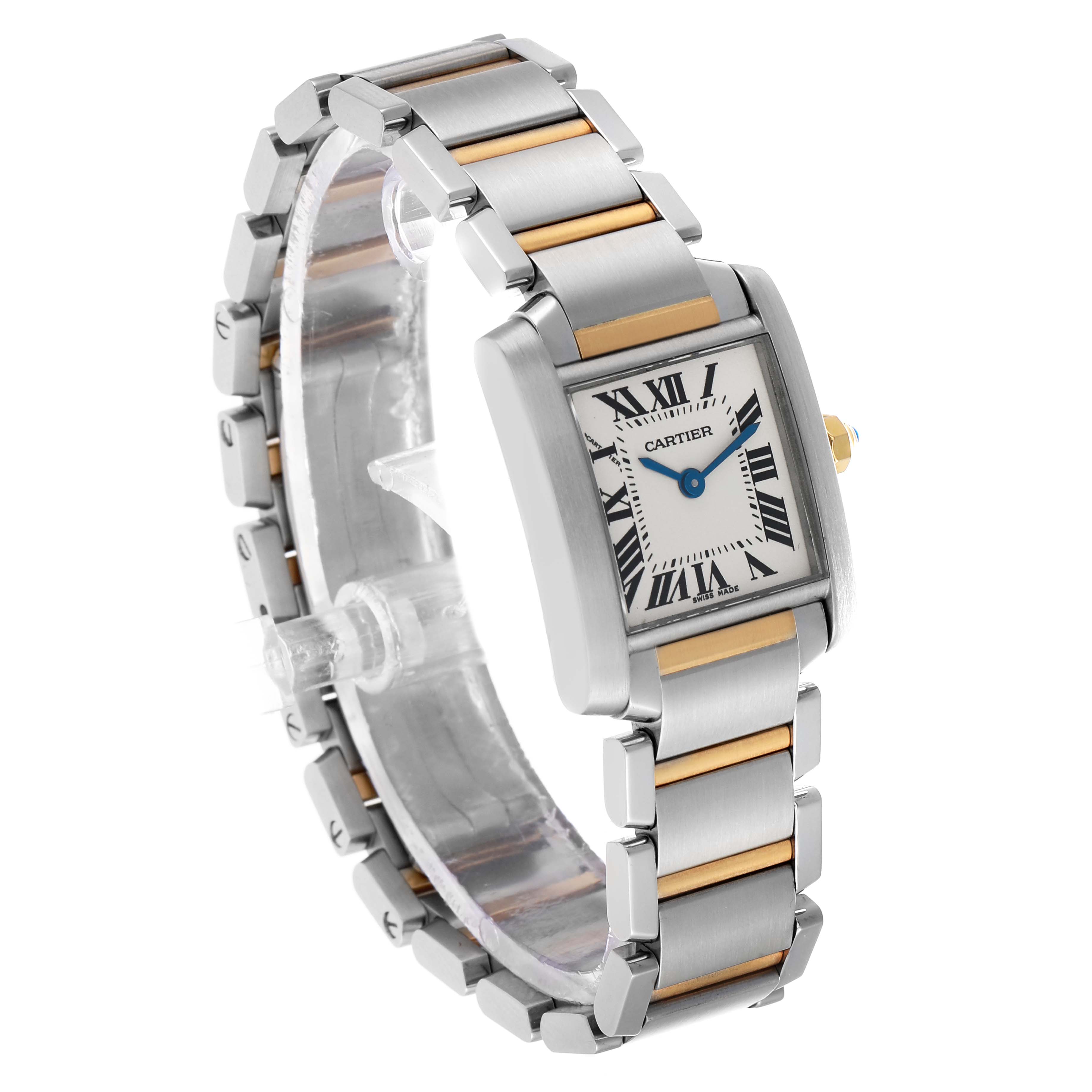 The Cartier Tank Française watch is shown at a slight angle, displaying its rectangular face and two-tone bracelet.