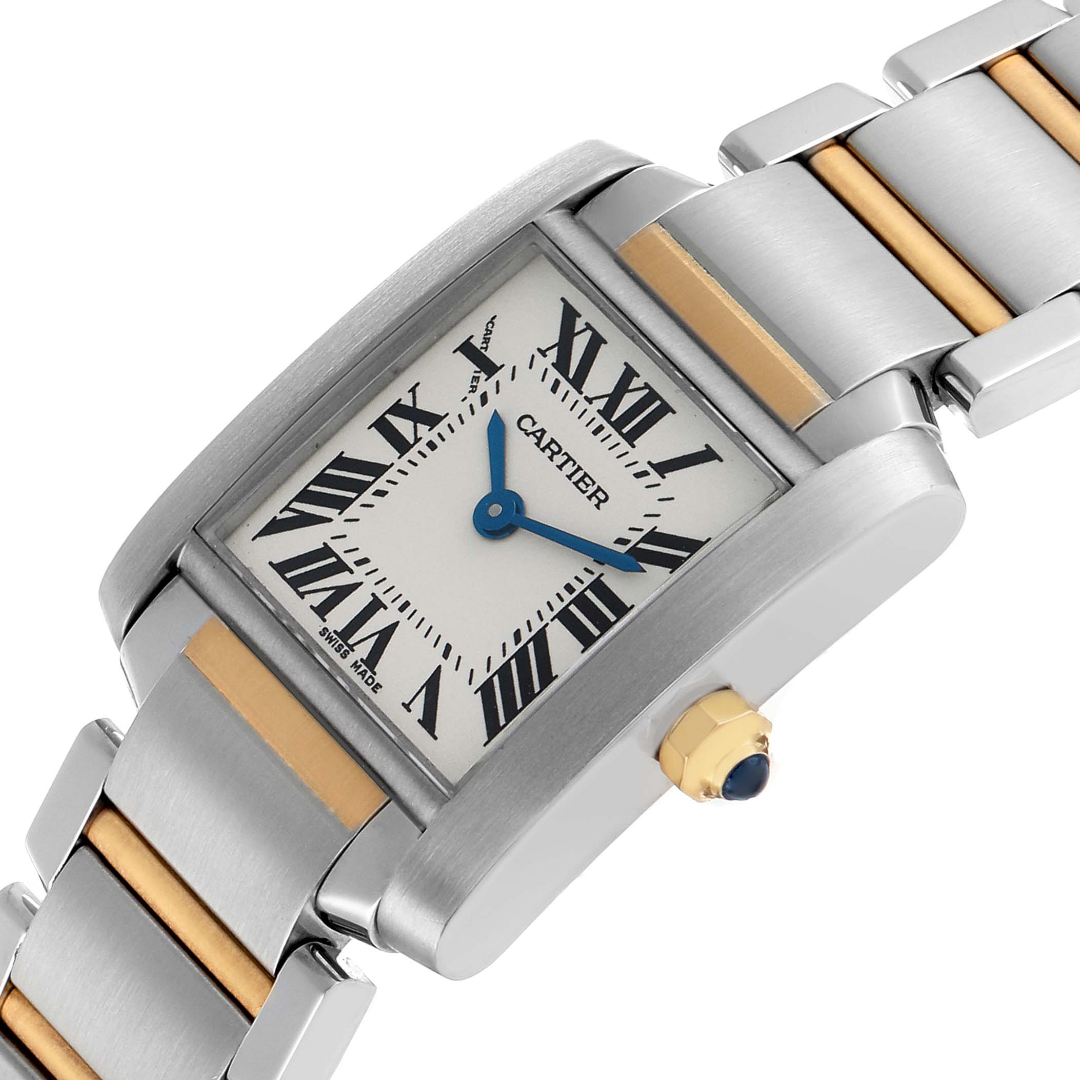 The Cartier Tank Française watch is shown at an angled view displaying the face, bracelet, and side crown detail.