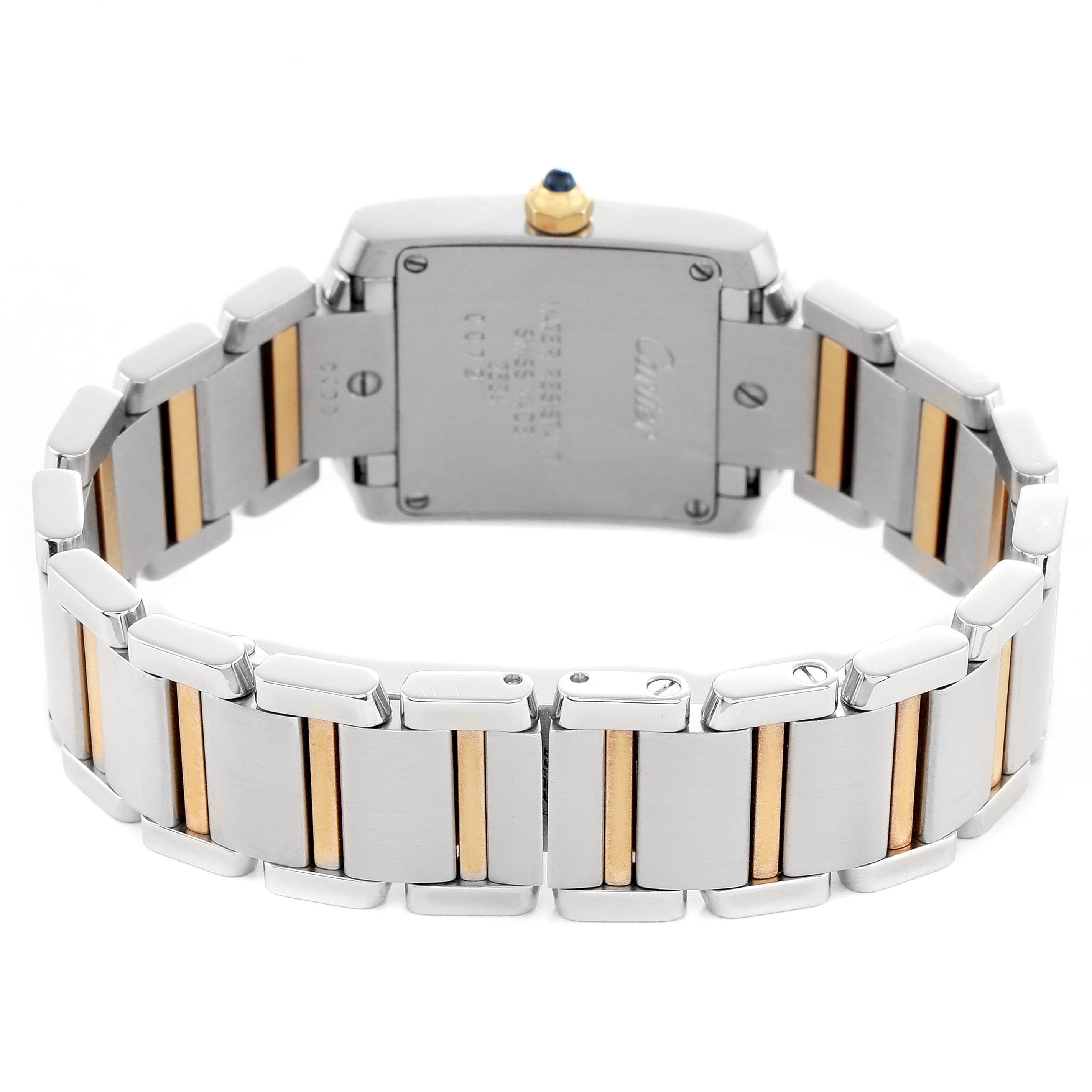 The image shows the back view of a Cartier Tank Française watch, highlighting the bracelet and case back.