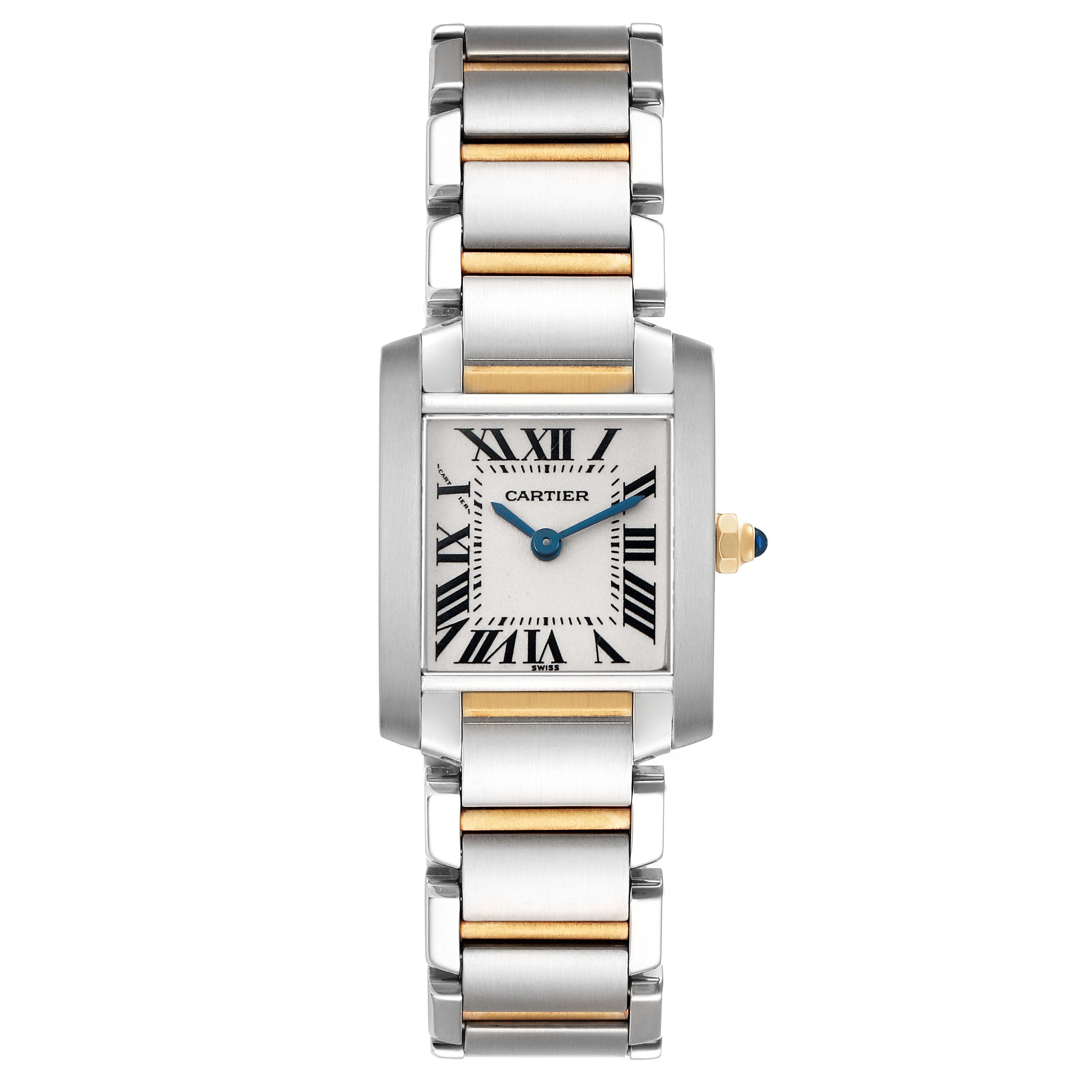 The Cartier Tank Francaise W51007Q4 Women's Steel and Gold (two tone) Silver Dial is shown from a top-down angle, highlighting the two-tone bracelet and rectangular face.