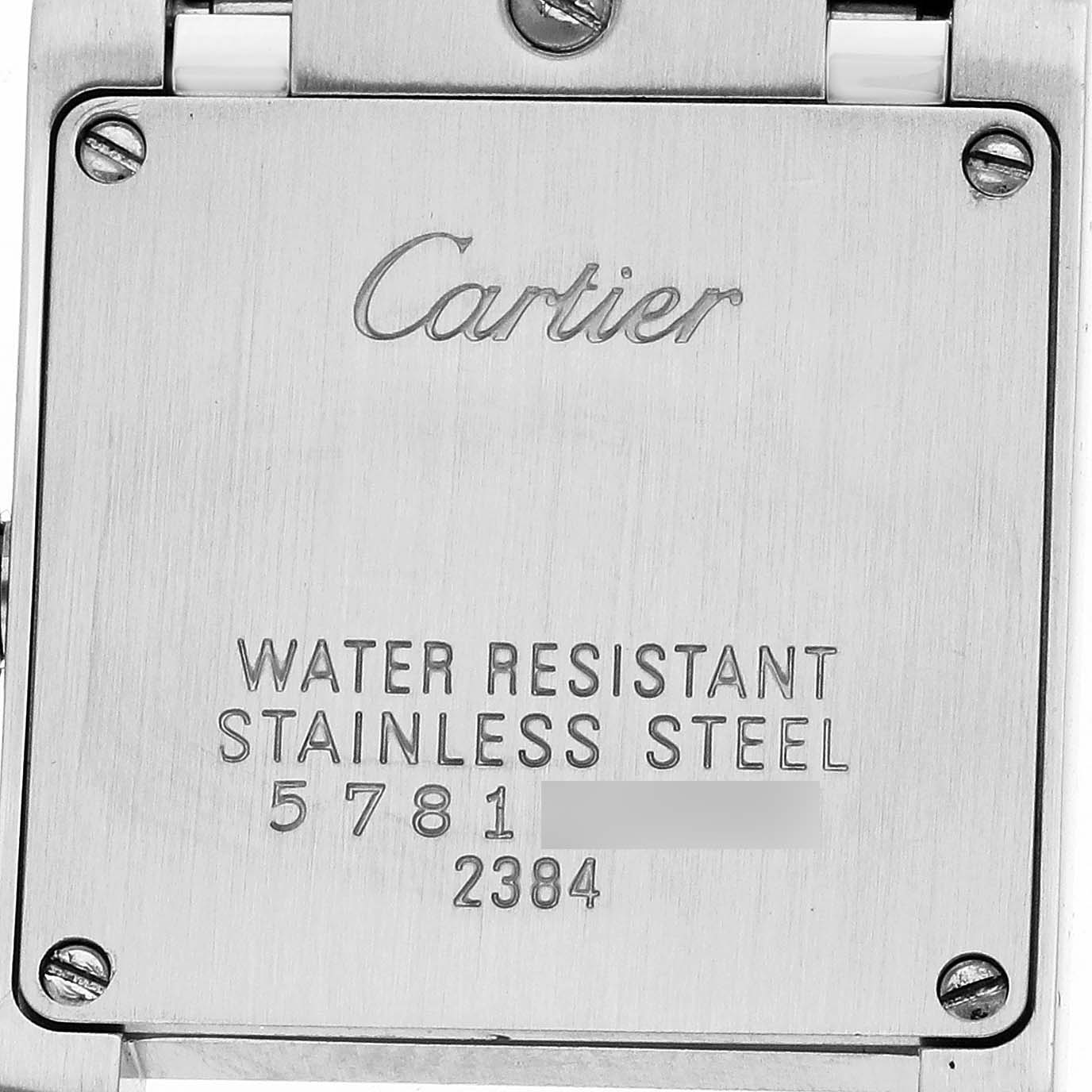 The image shows the back case of a Cartier Tank Française watch, detailing its water resistance and material.