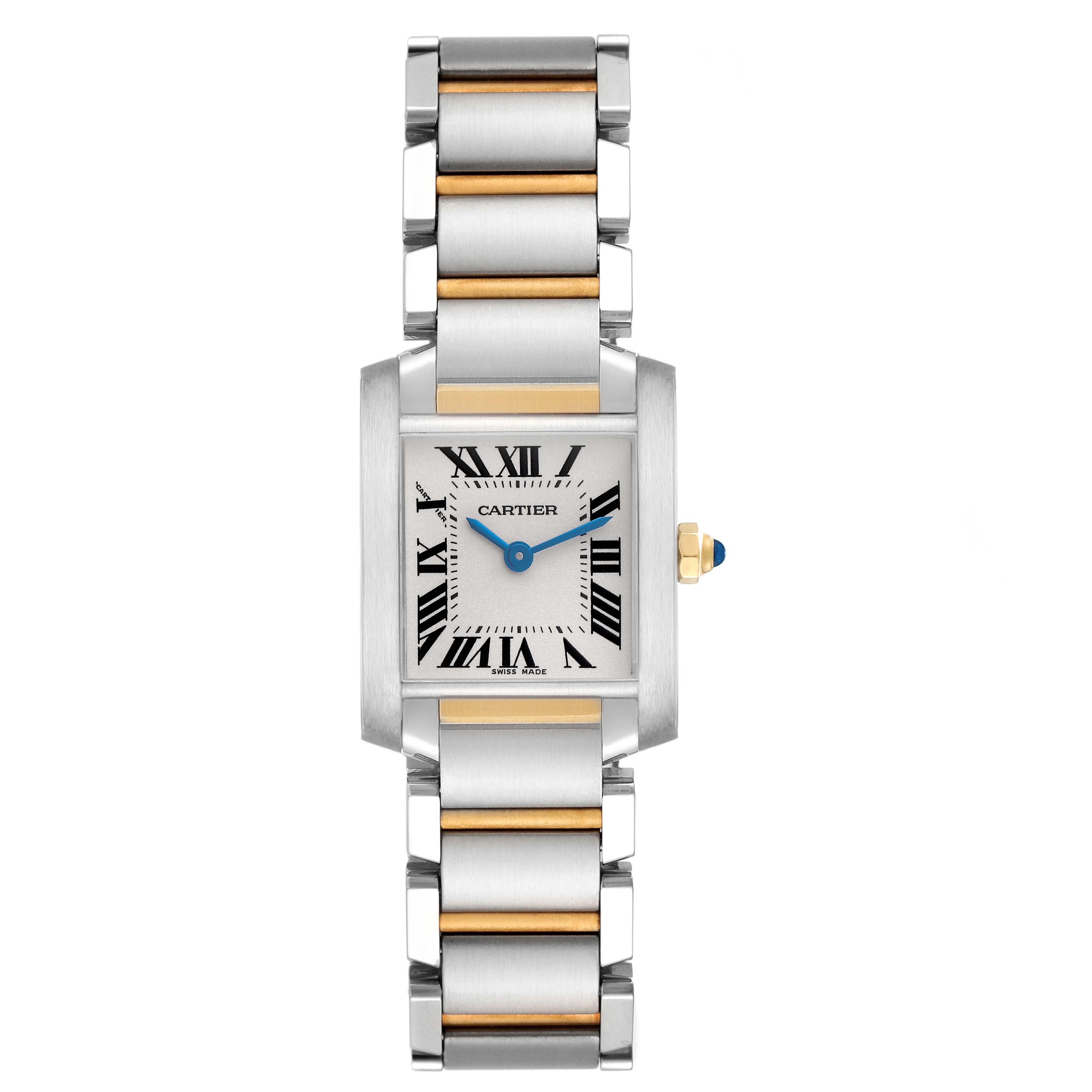 The Cartier Tank Francaise W51007Q4 Women's Steel and Gold (two tone) Silver Dial watch is shown from the front, displaying its face, bracelet, and crown.