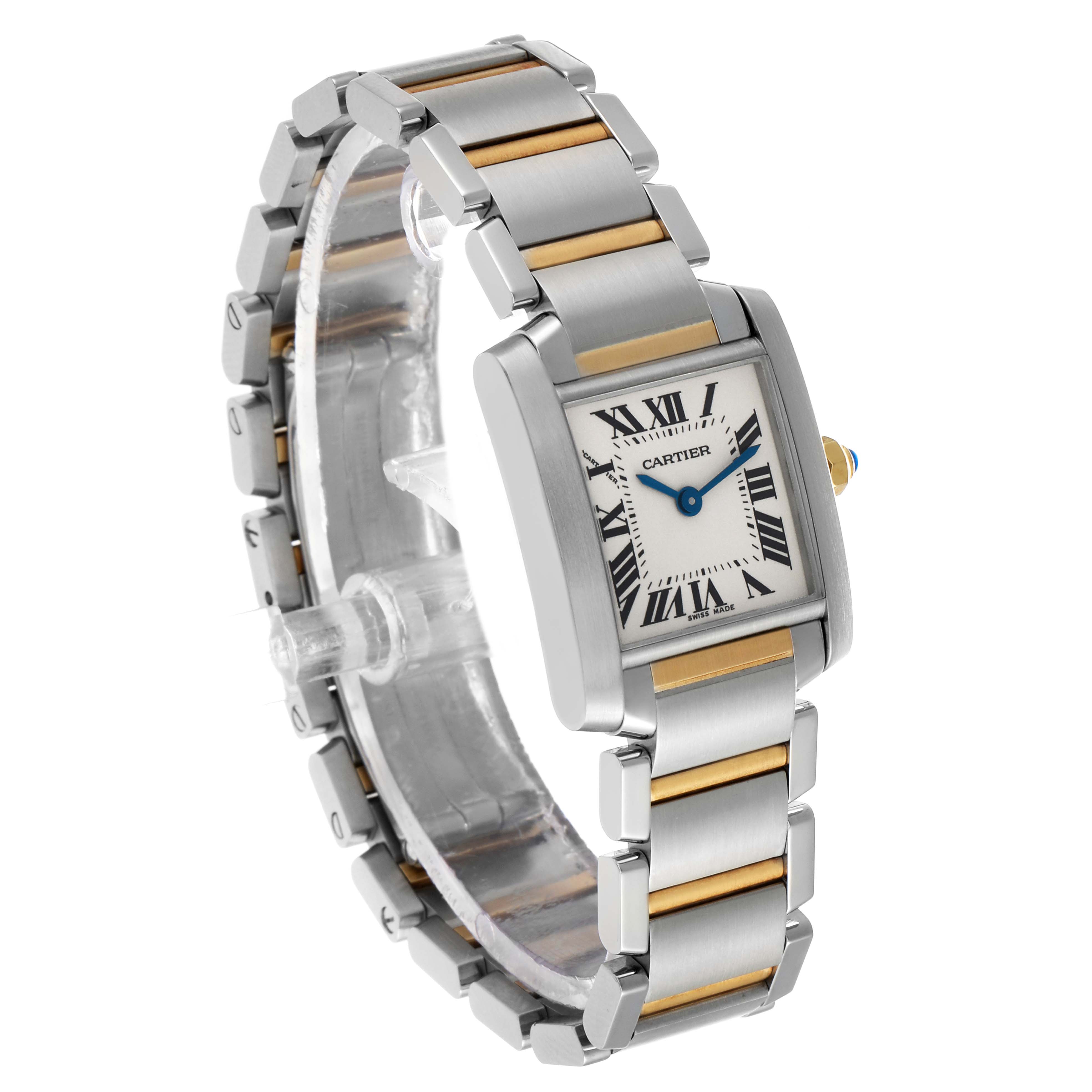 The Cartier Tank Francaise W51007Q4 Women's Steel and Gold (two tone) Silver Dial watch is angled to display the face, crown, and bracelet links prominently.