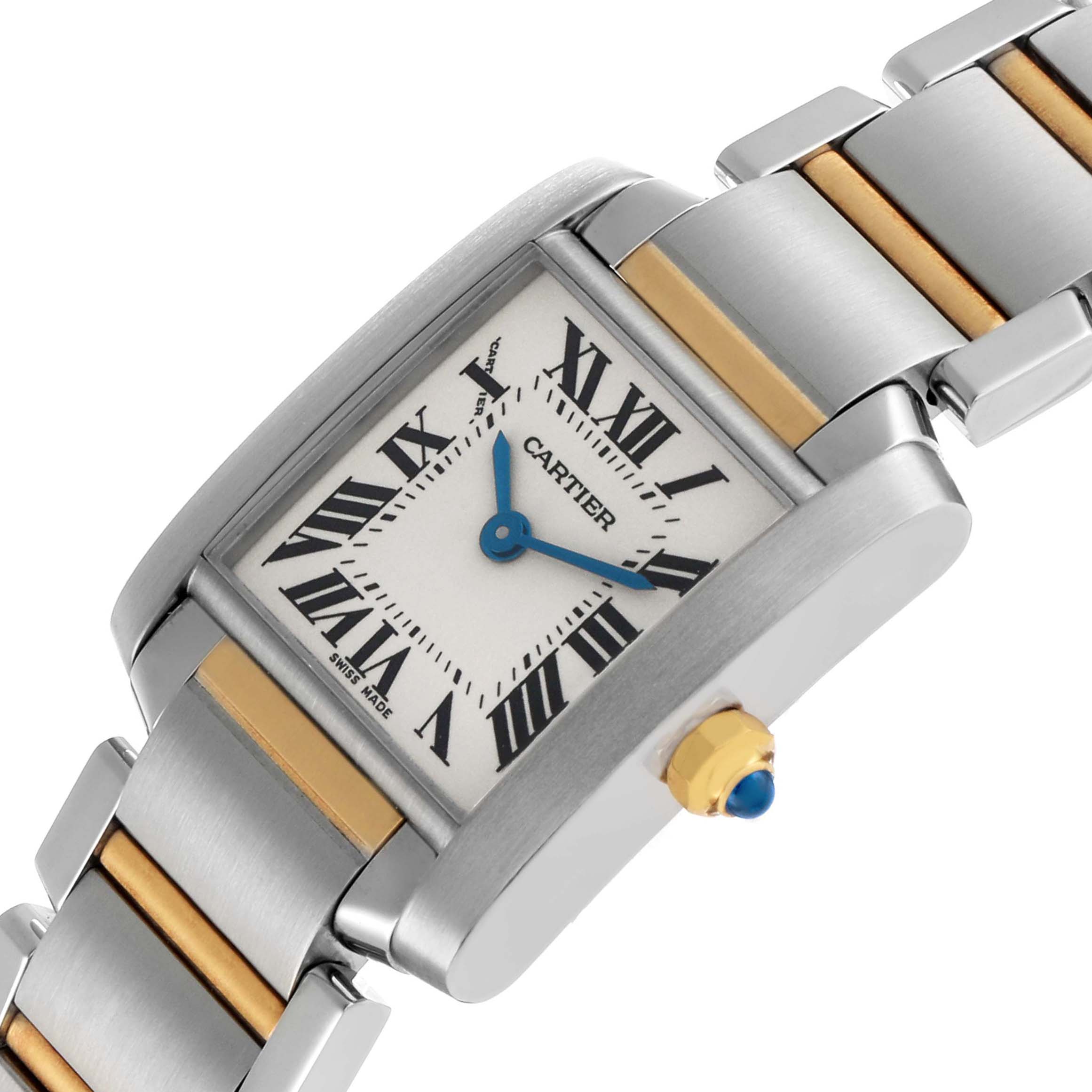 The Cartier Tank Française watch is shown at an angled top view, highlighting its rectangular face, blue hands, crown, and two-tone bracelet.