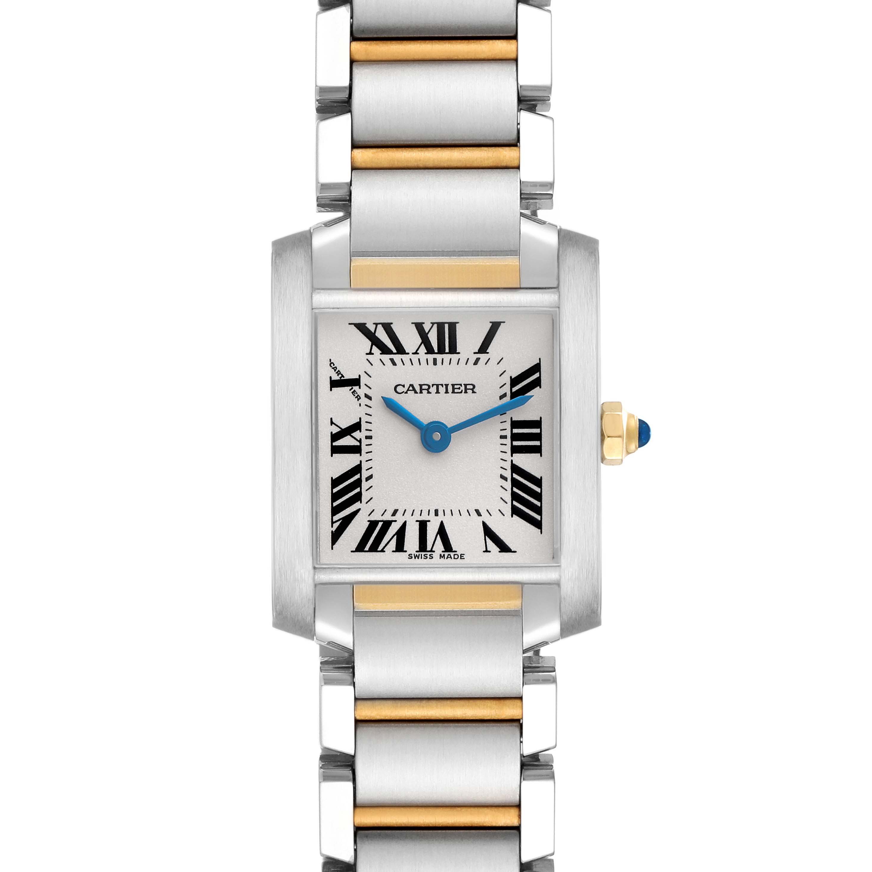 The Cartier Tank Française watch is shown from the front, highlighting its case, Roman numeral dial, and two-tone bracelet.