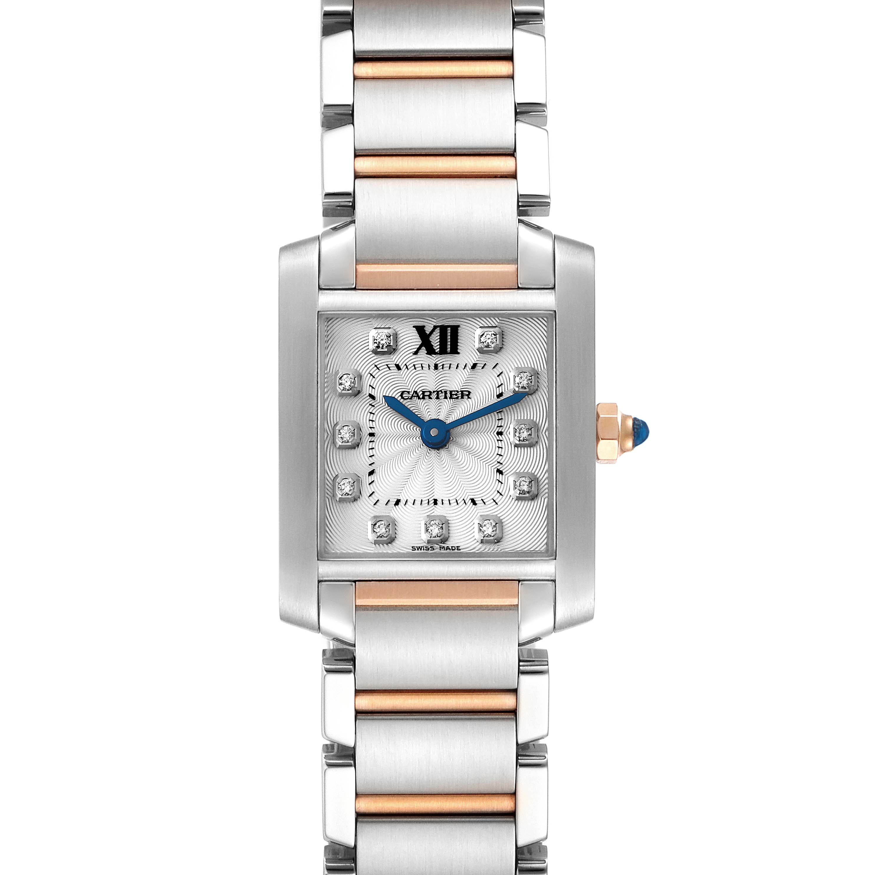 The Cartier Tank Francaise WE110004 Women
s Steel and Gold (two tone) Silver Dial WE110004 Women
s Steel and Gold (two tone) Silver Dial watch is shown from a front angle, displaying the face, bezel, dial, hands, and two-tone metal bracelet.
