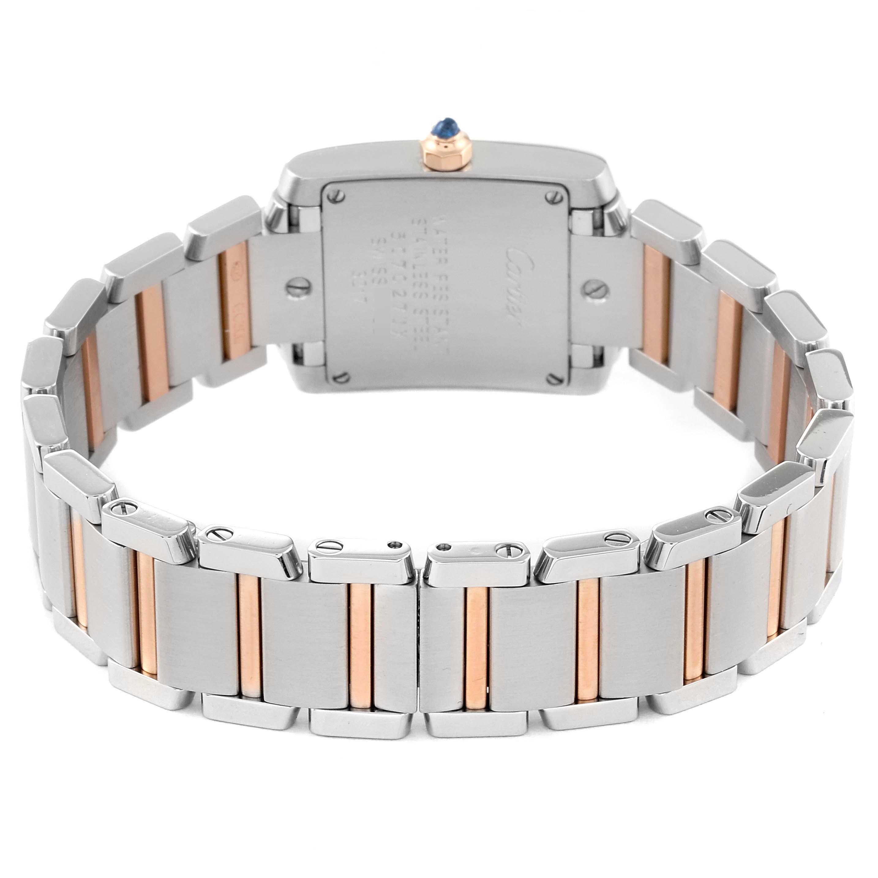 This image shows the backside view of the Tank Française watch by Cartier, highlighting the metal bracelet and case.