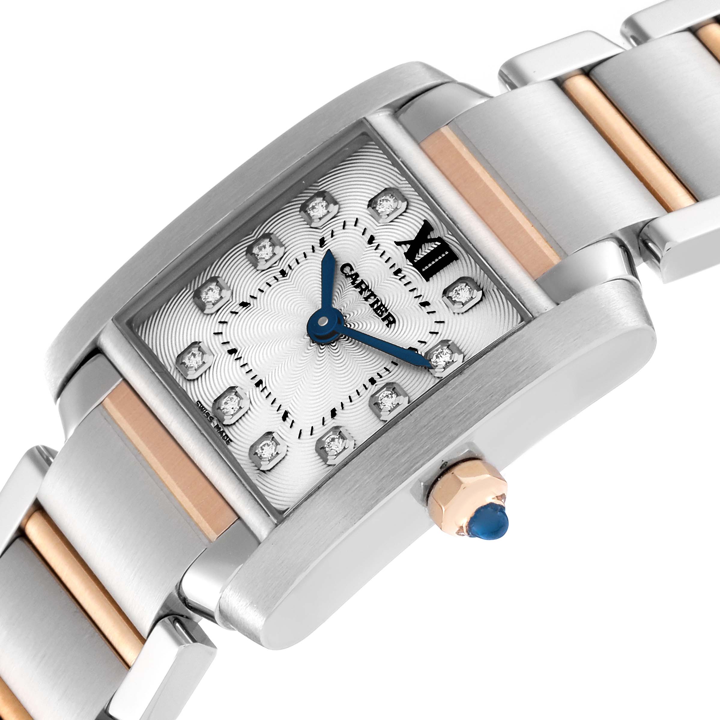 This image shows a close-up angle of the Cartier Tank Francaise WE110004 Women
s Steel and Gold (two tone) Silver Dial WE110004 Women
s Steel and Gold (two tone) Silver Dial watch displaying its dial, crown, and part of the bracelet.