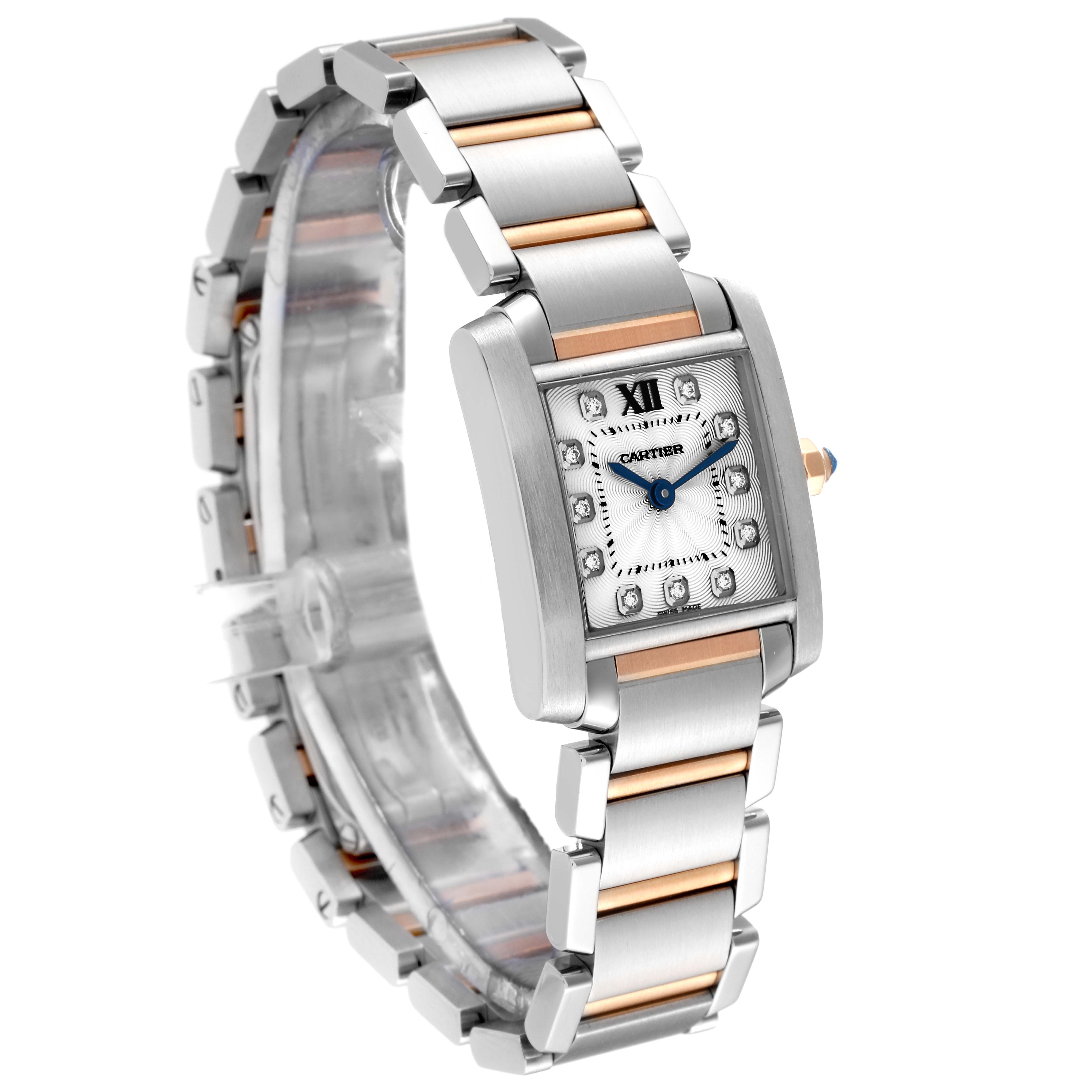 The image shows a side-angle view of a Cartier Tank Française watch, highlighting its face and two-tone bracelet.