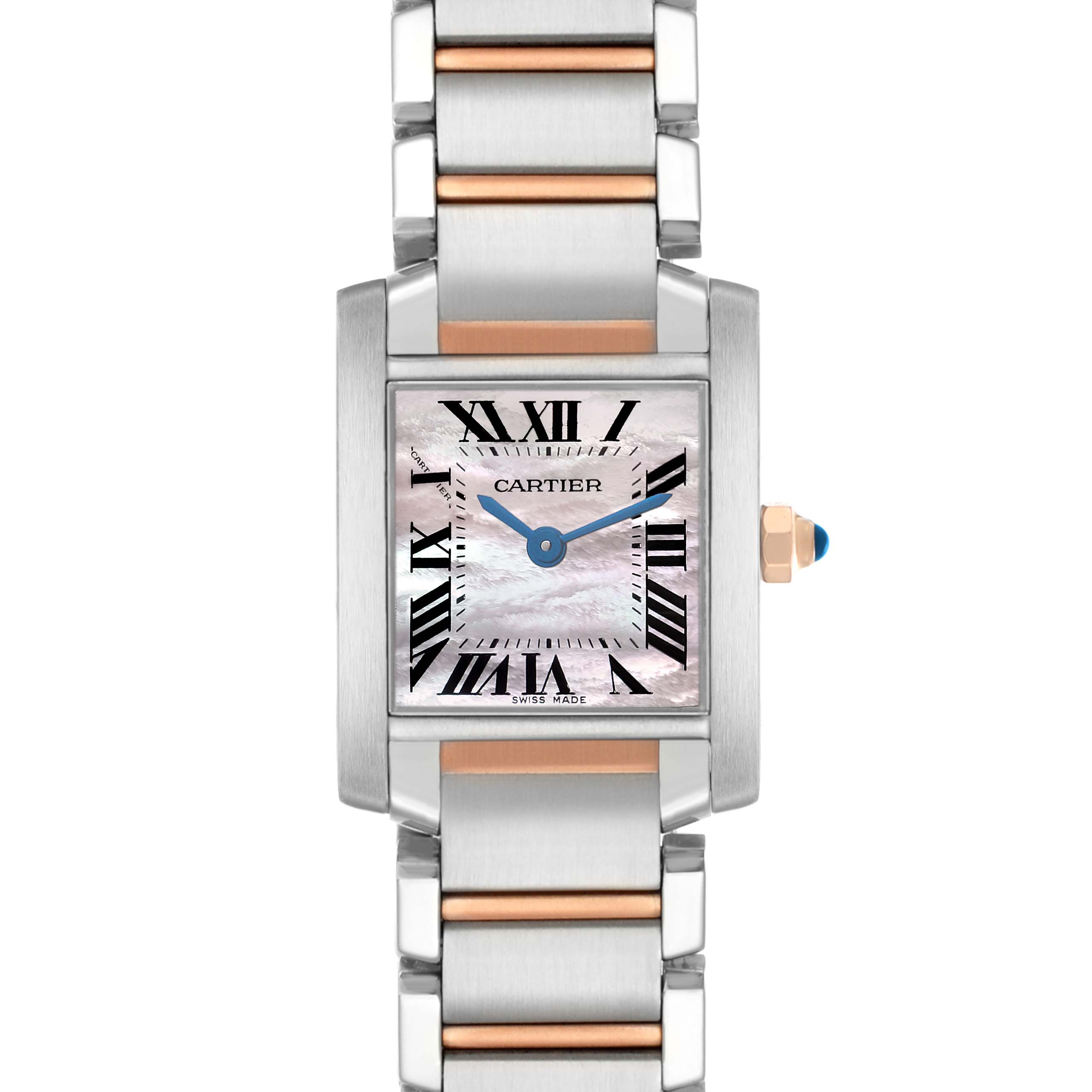 The Cartier Tank Francaise W51027Q4 Women's Steel and Gold (two tone) Mother of Pearl Dial watch is shown from a front angle, highlighting the face, crown, and part of the bracelet.