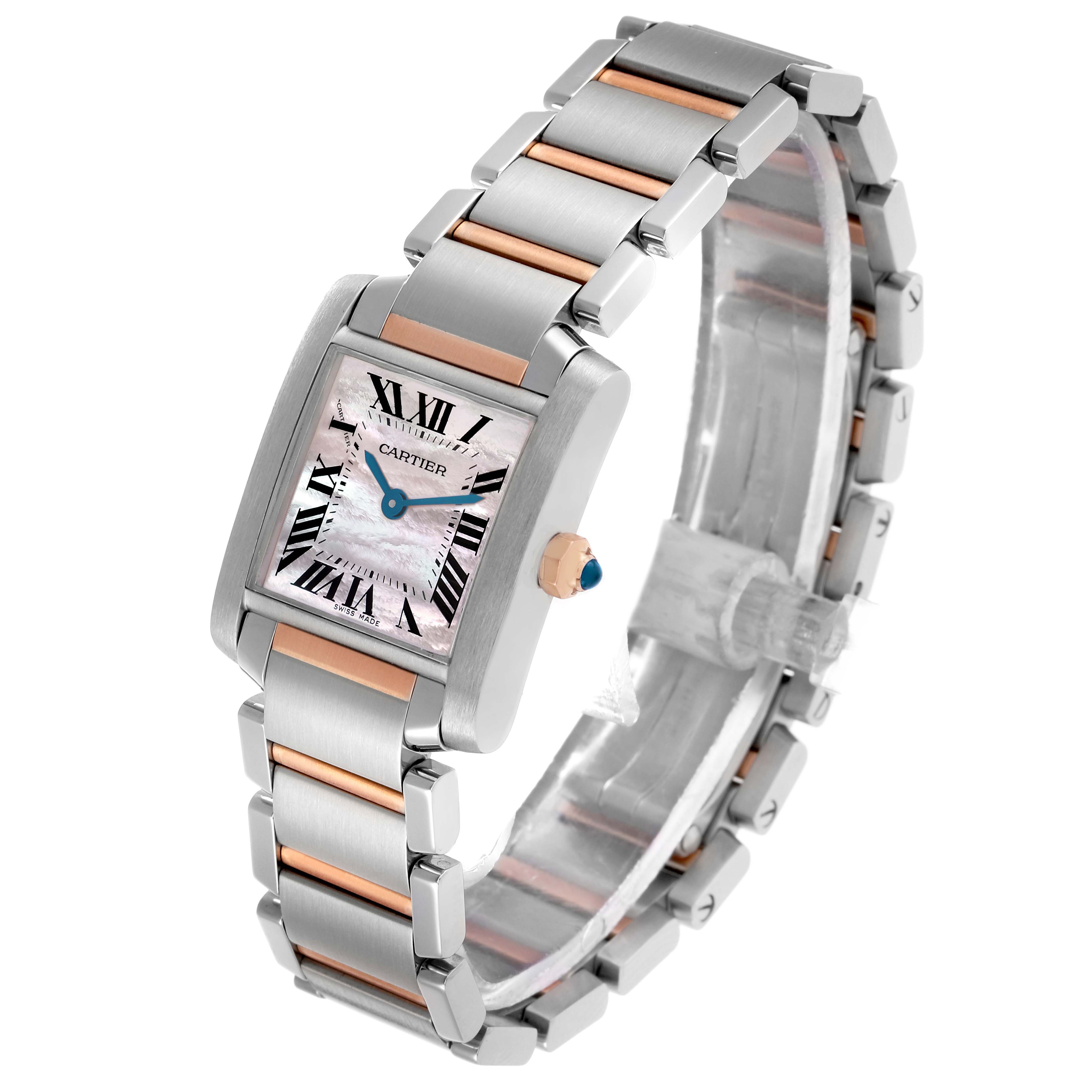 The Cartier Tank Française watch is shown at a slight angle, highlighting the face, bezel, and bracelet links.