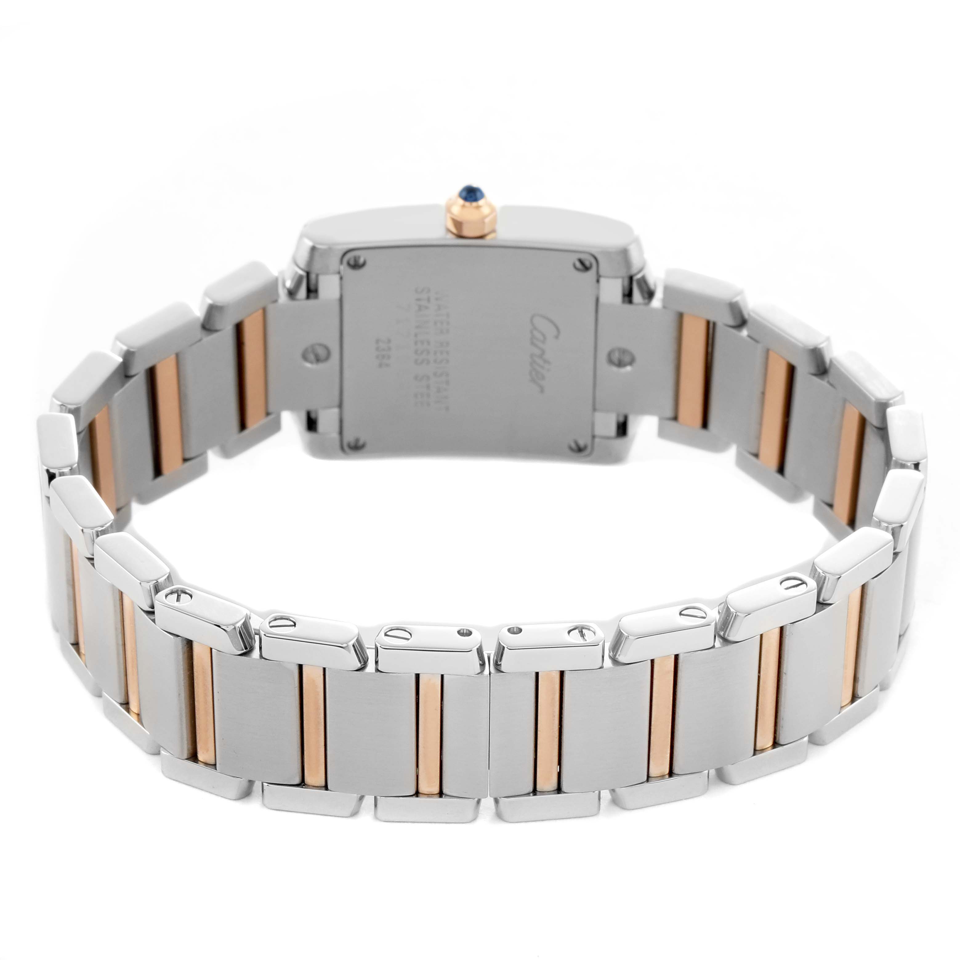 The image shows the back of a Cartier Tank Francaise W51027Q4 Women's Steel and Gold (two tone) Mother of Pearl Dial watch, highlighting its stainless steel and rose gold bracelet.