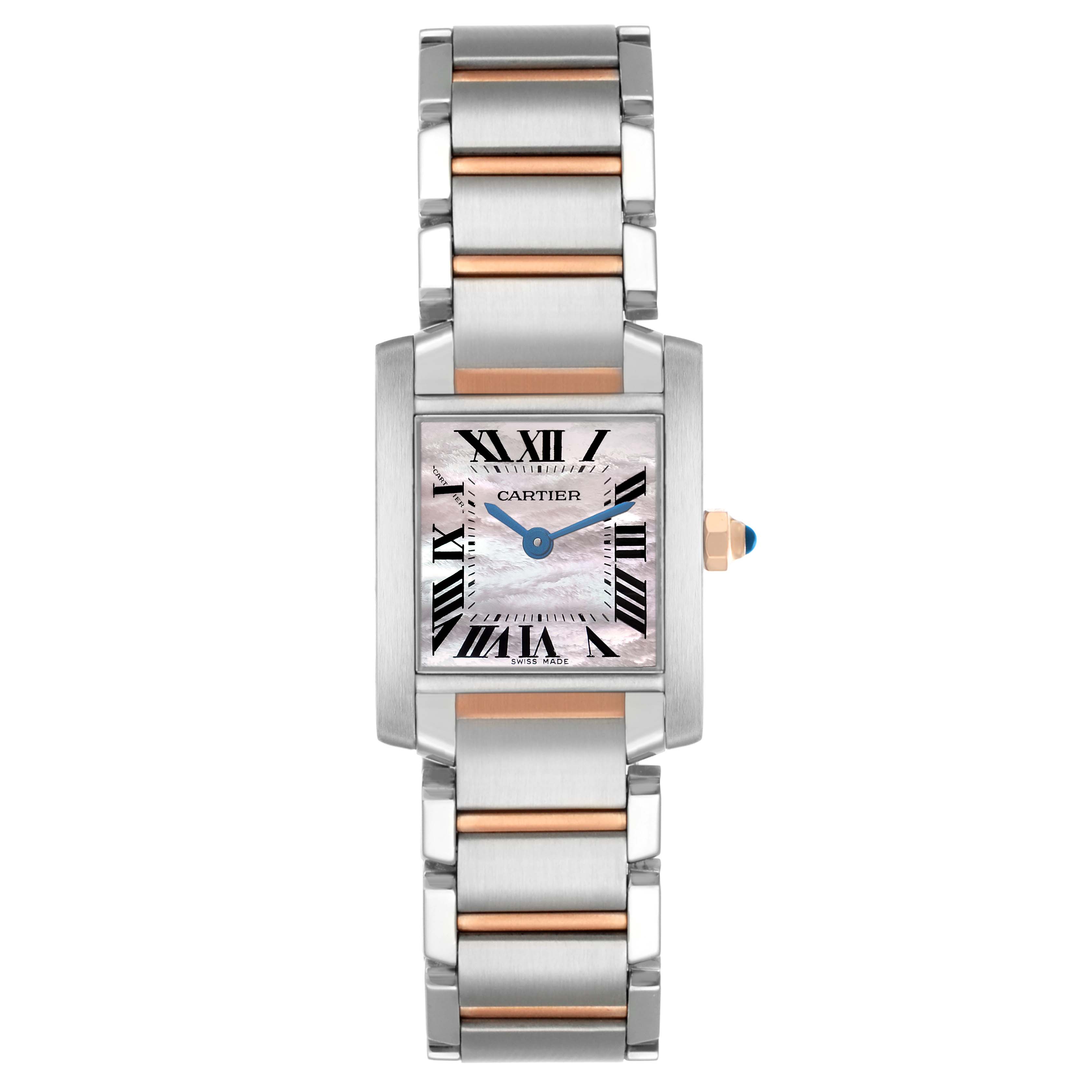 The Cartier Tank Francaise W51027Q4 Women's Steel and Gold (two tone) Mother of Pearl Dial watch is shown from a straight-on angle, highlighting the face and bracelet design.