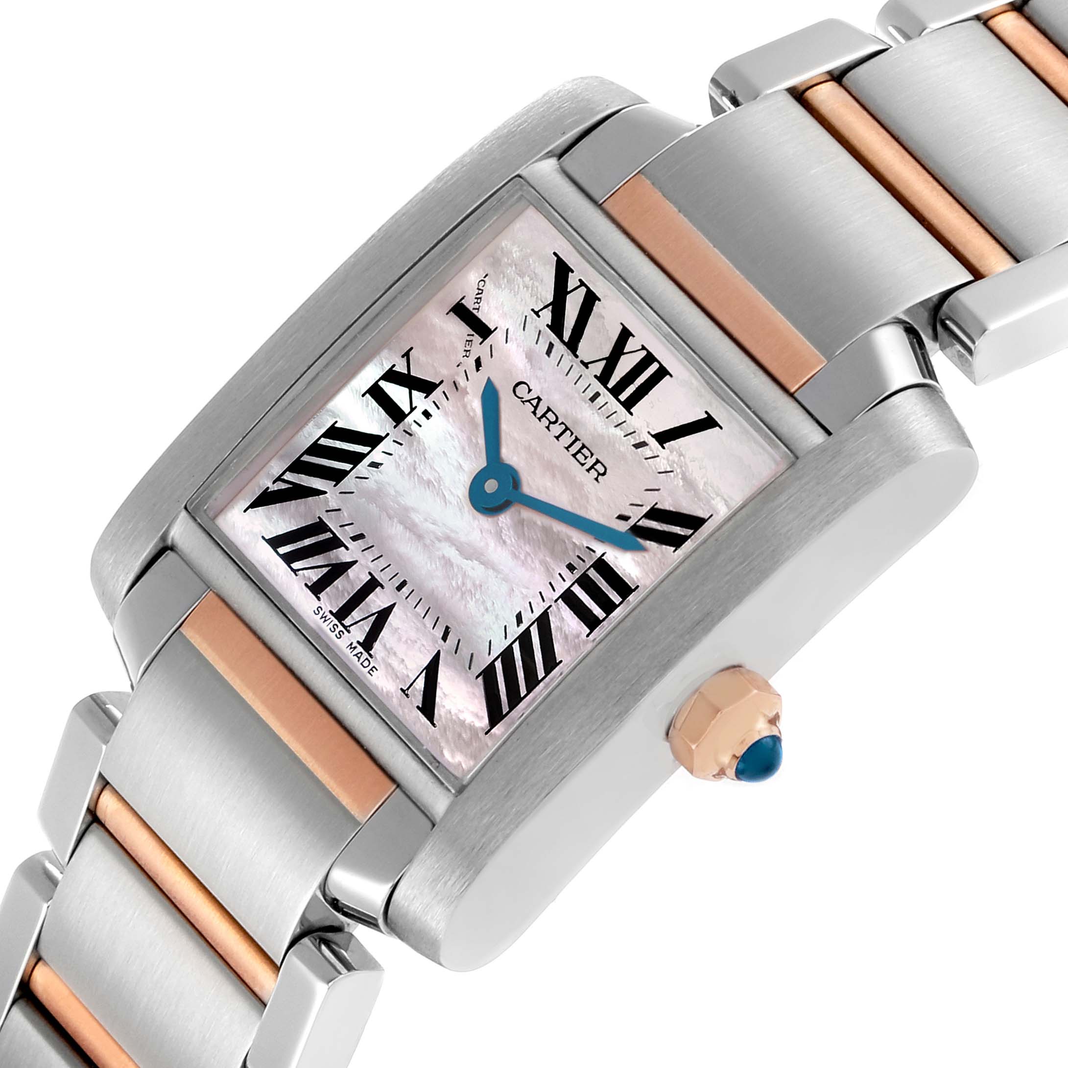 The Cartier Tank Française watch is shown from a diagonal angle, highlighting the face, bezel, and part of the bracelet.
