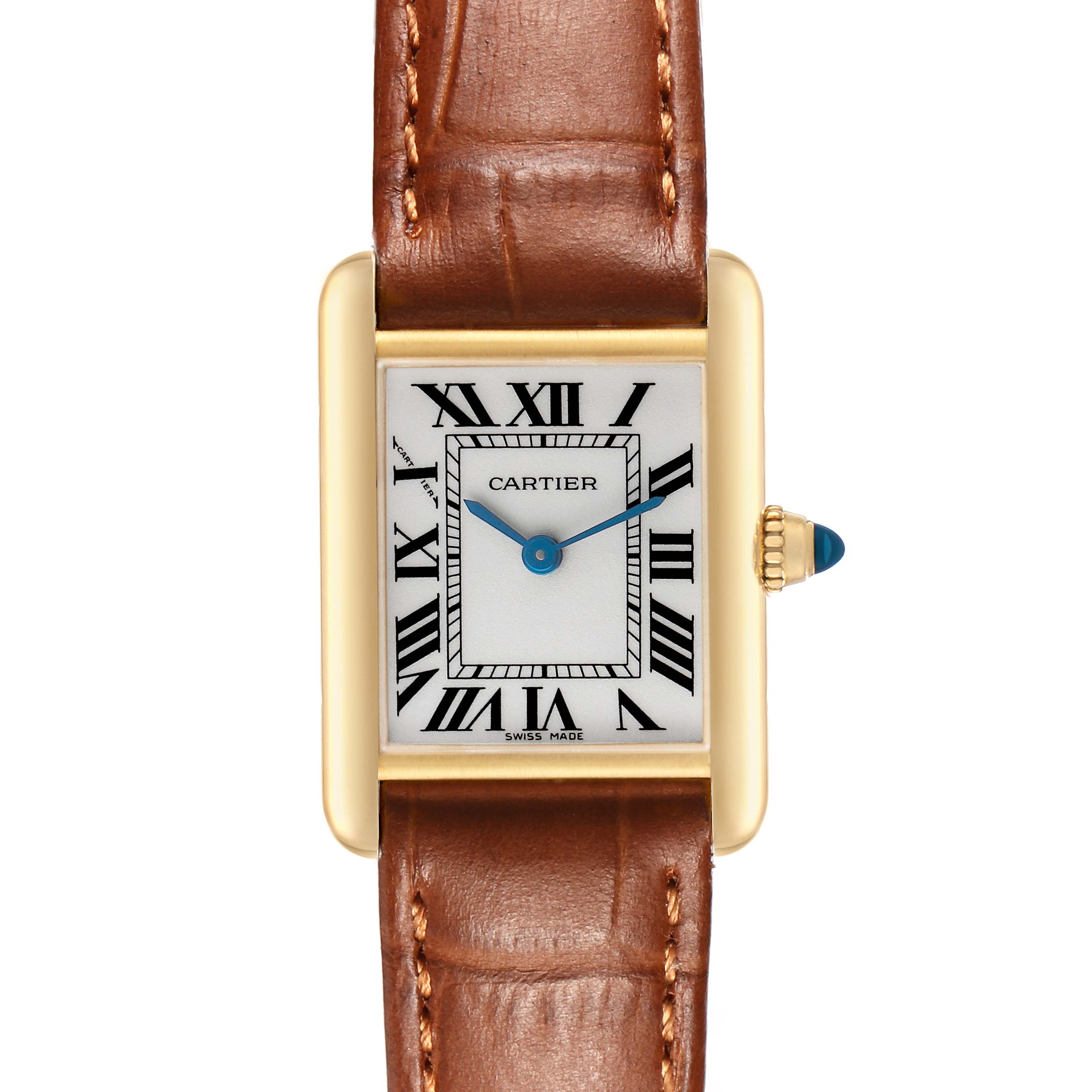 The Cartier Tank Louis W1529856 Women's Yellow Gold Silver Dial watch is shown from the front, highlighting its rectangular dial and brown leather strap.