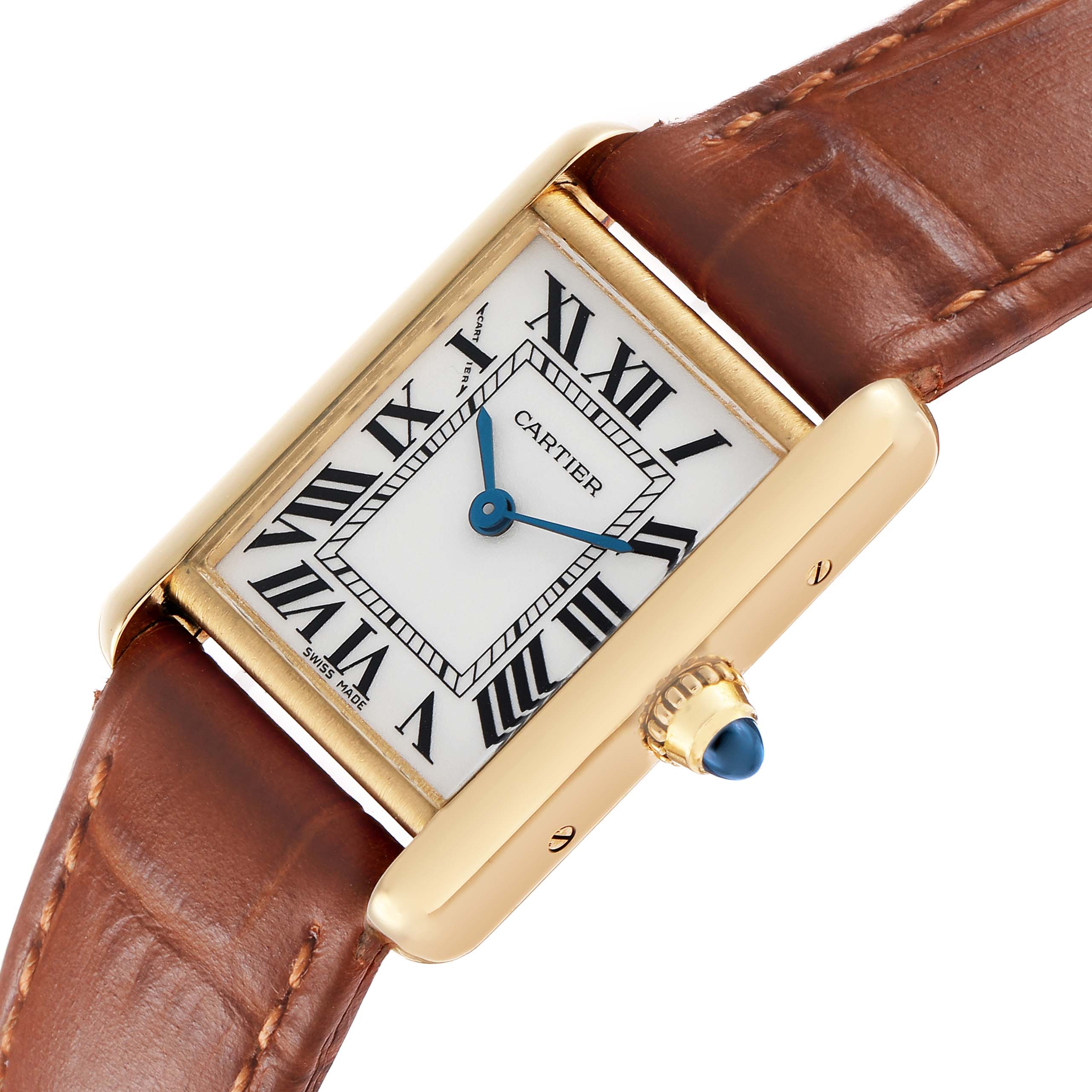 The Cartier Tank Louis W1529856 Women's Yellow Gold Silver Dial watch is shown at an angled top-down view, highlighting its rectangular face, gold case, and brown leather strap.