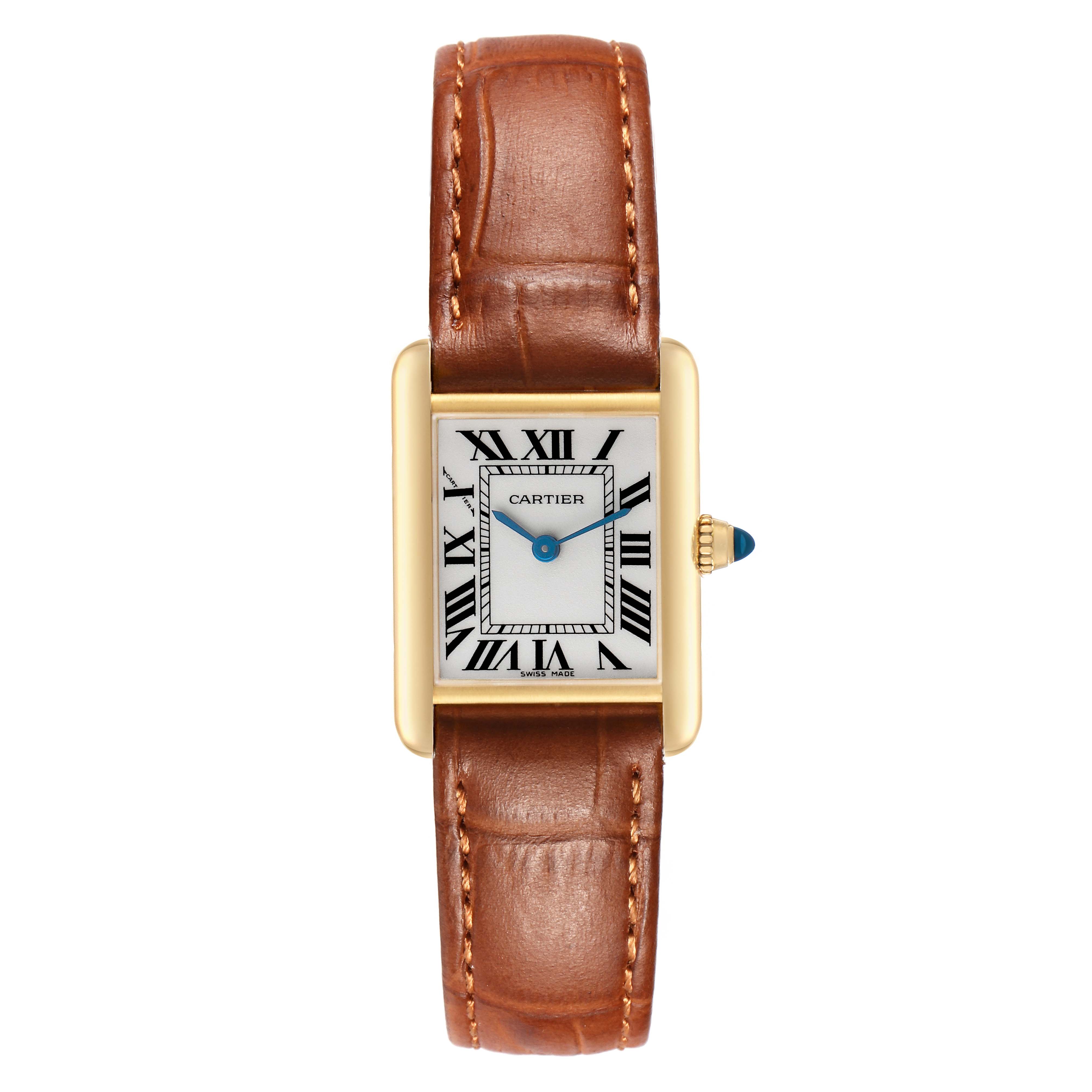 The Cartier Tank Louis W1529856 Women's Yellow Gold Silver Dial watch is shown from the front, displaying its face, Roman numerals, and leather strap.