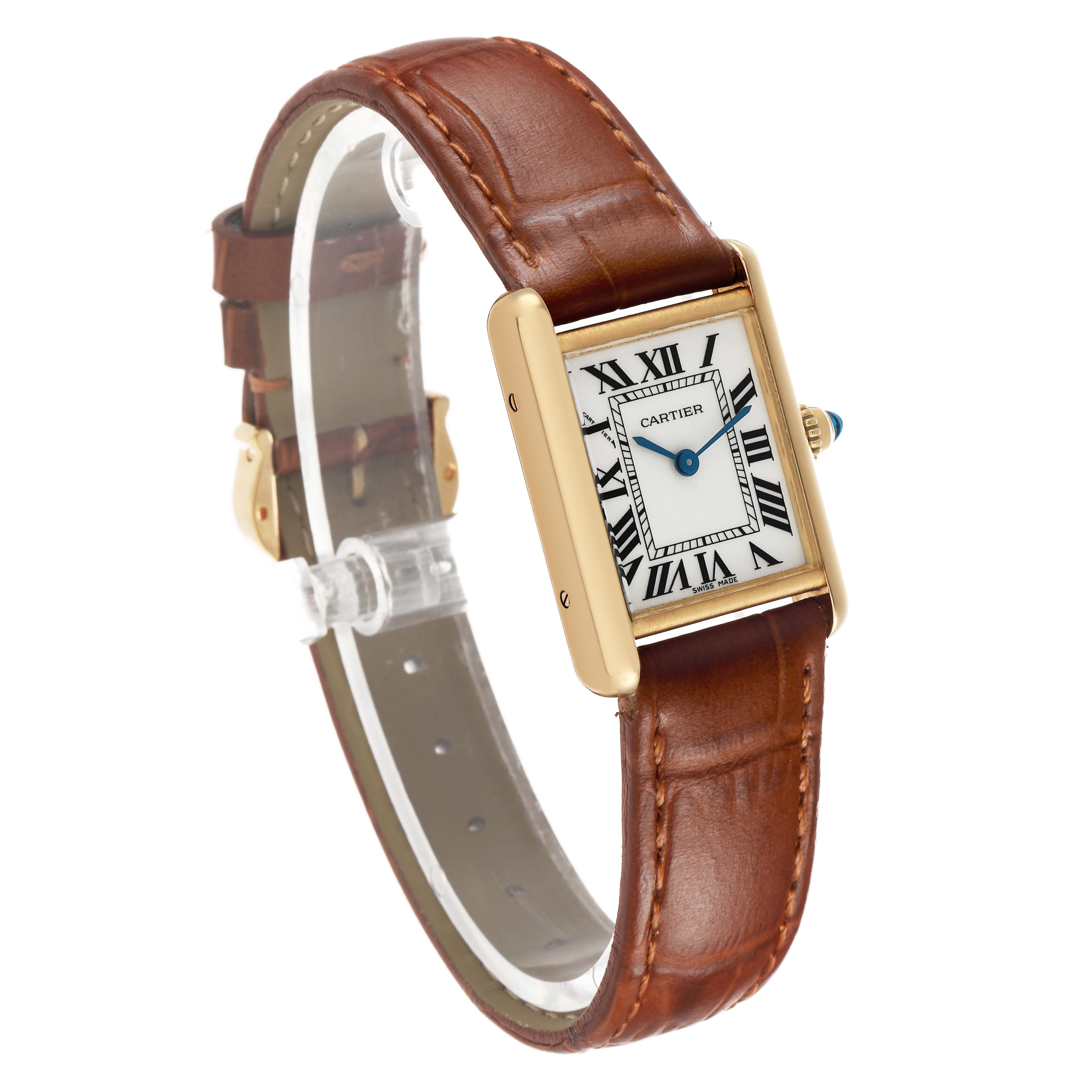 The Cartier Tank Louis W1529856 Women's Yellow Gold Silver Dial watch is shown from a three-quarter angle, highlighting the gold case, brown leather strap, and Roman numeral dial.