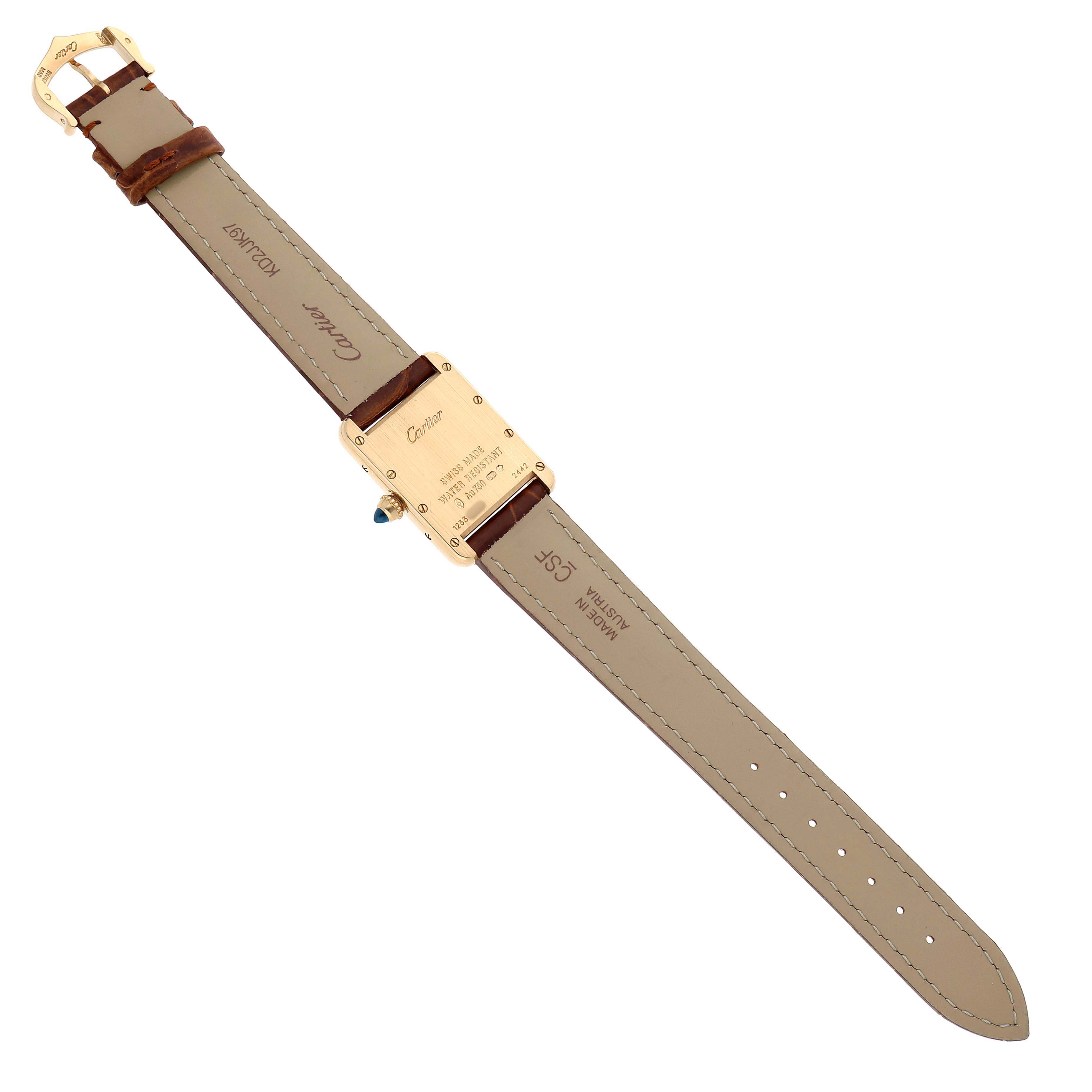 The image shows the back view of a Cartier Tank Louis W1529856 Women's Yellow Gold Silver Dial watch, displaying the case back, strap, and buckle.