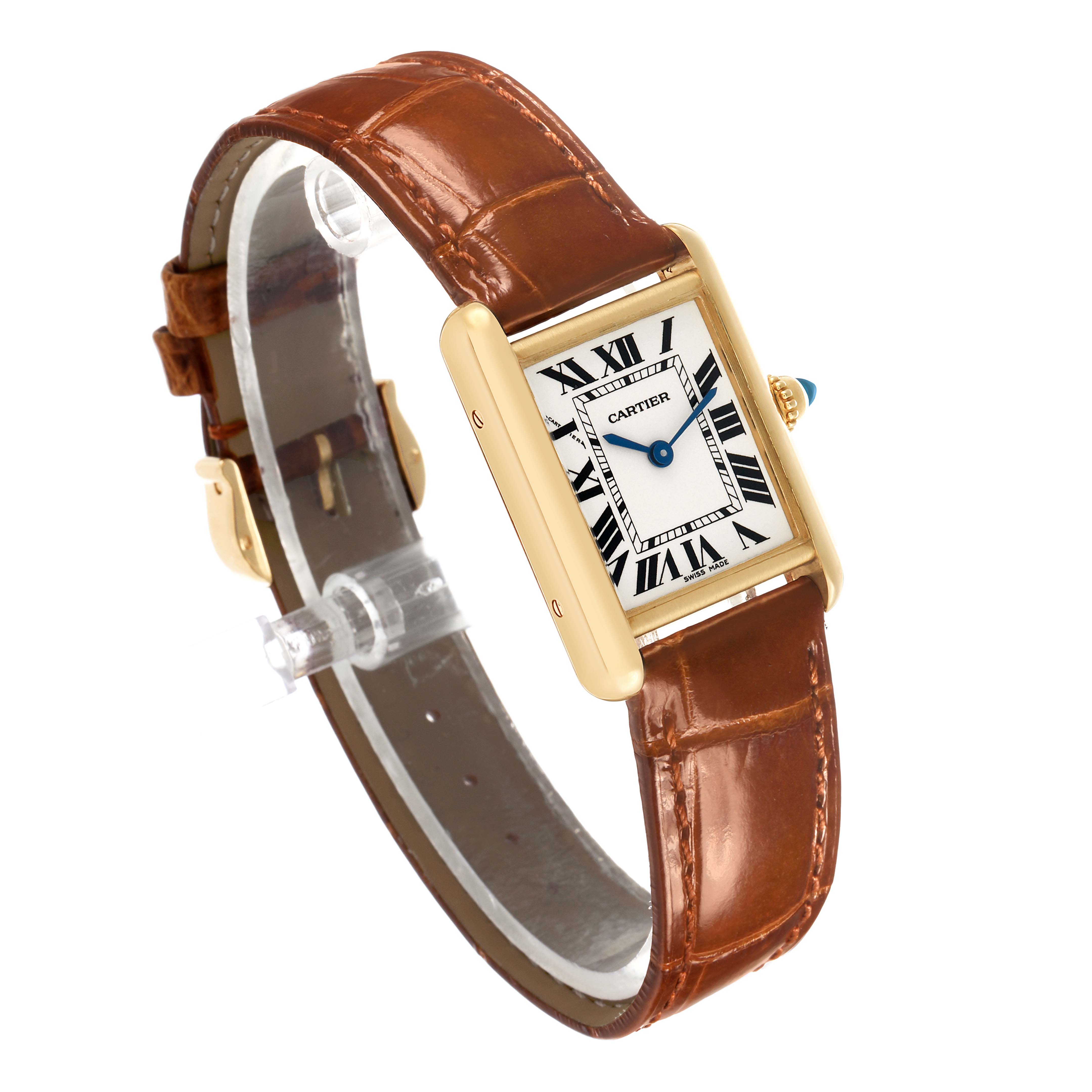 The Cartier Tank Louis W1529856 Women's Yellow Gold Silver Dial watch is shown at a three-quarter angle, highlighting its rectangular case, white dial with Roman numerals, and brown leather strap.