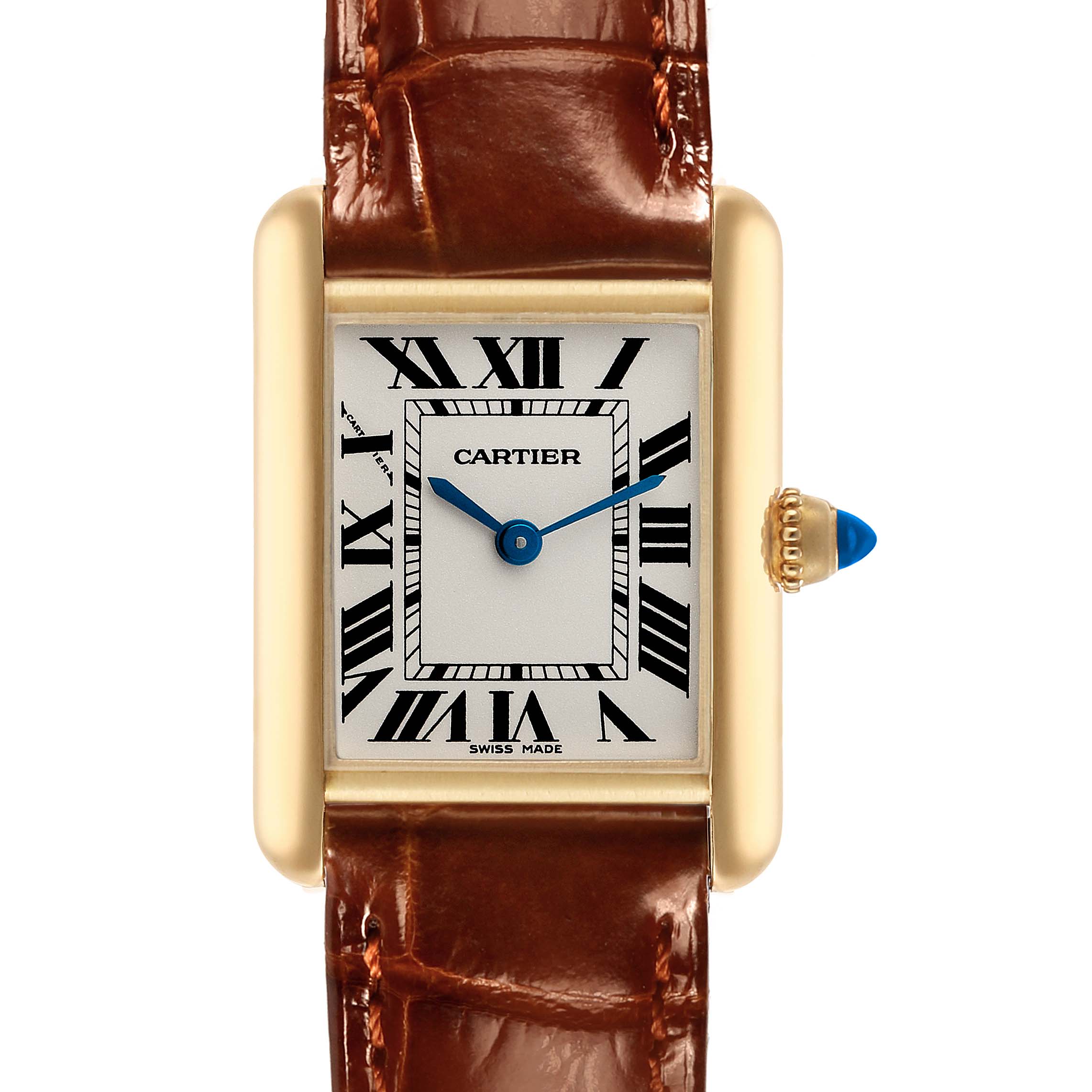 The Cartier Tank Louis W1529856 Women's Yellow Gold Silver Dial watch is shown from the front, displaying its dial, gold case, brown leather strap, and blue cabochon crown.