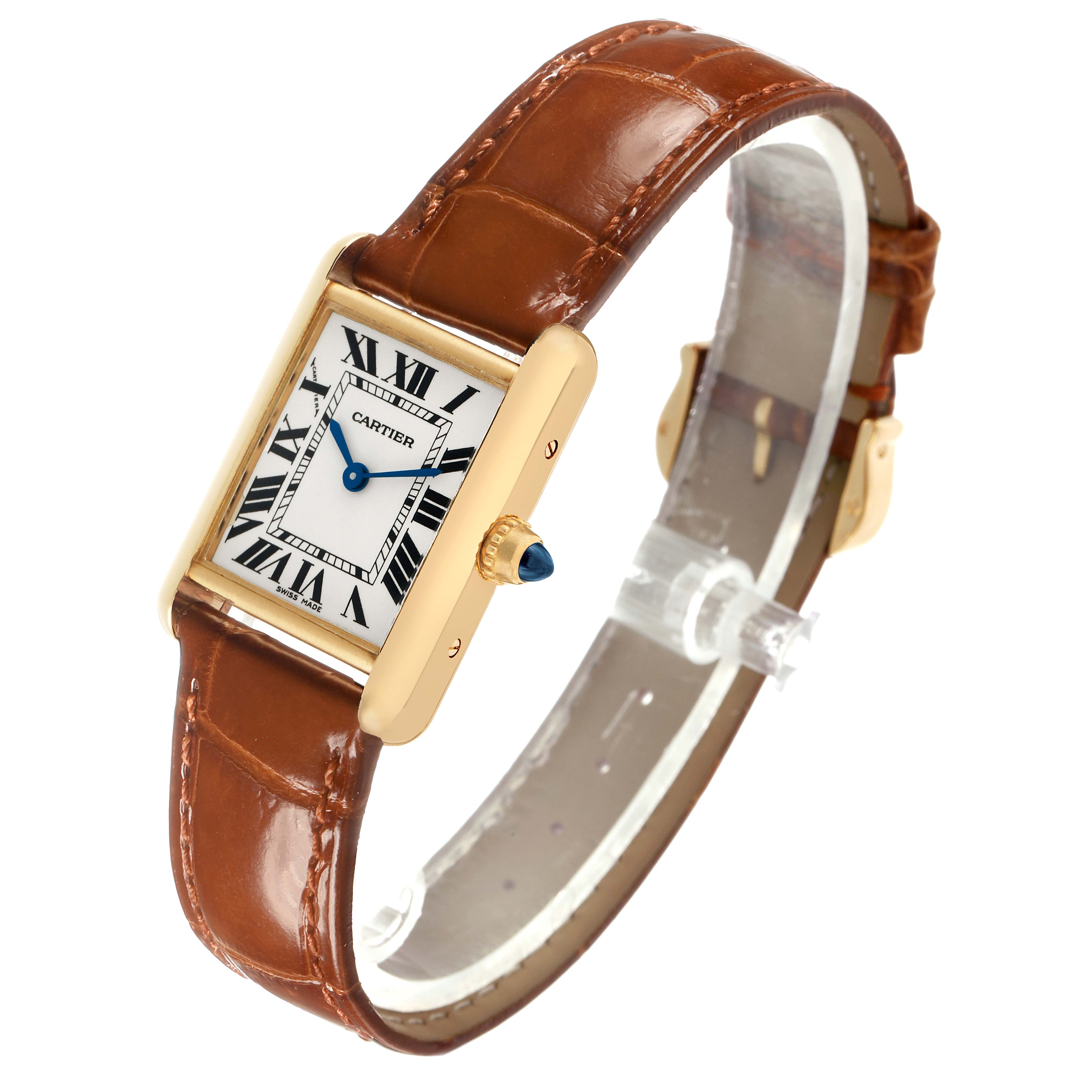 The Cartier Tank Louis W1529856 Women's Yellow Gold Silver Dial watch is shown at a slight angle, highlighting the rectangular case, Roman numerals, and brown leather strap.